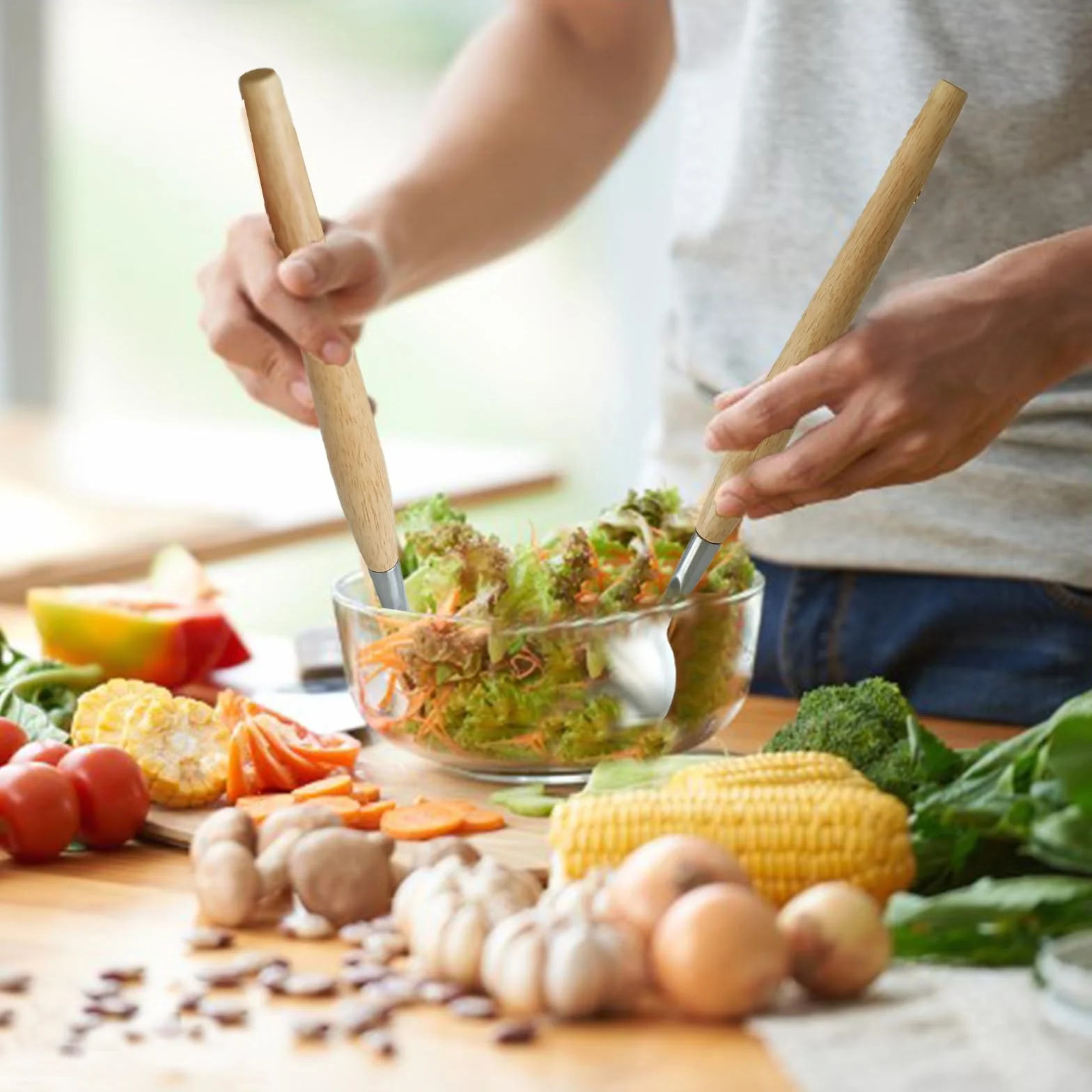 Vastsea Zestaw 2 sztuk sztućców do sałatek ze stali nierdzewnej z drewnianym uchwytem