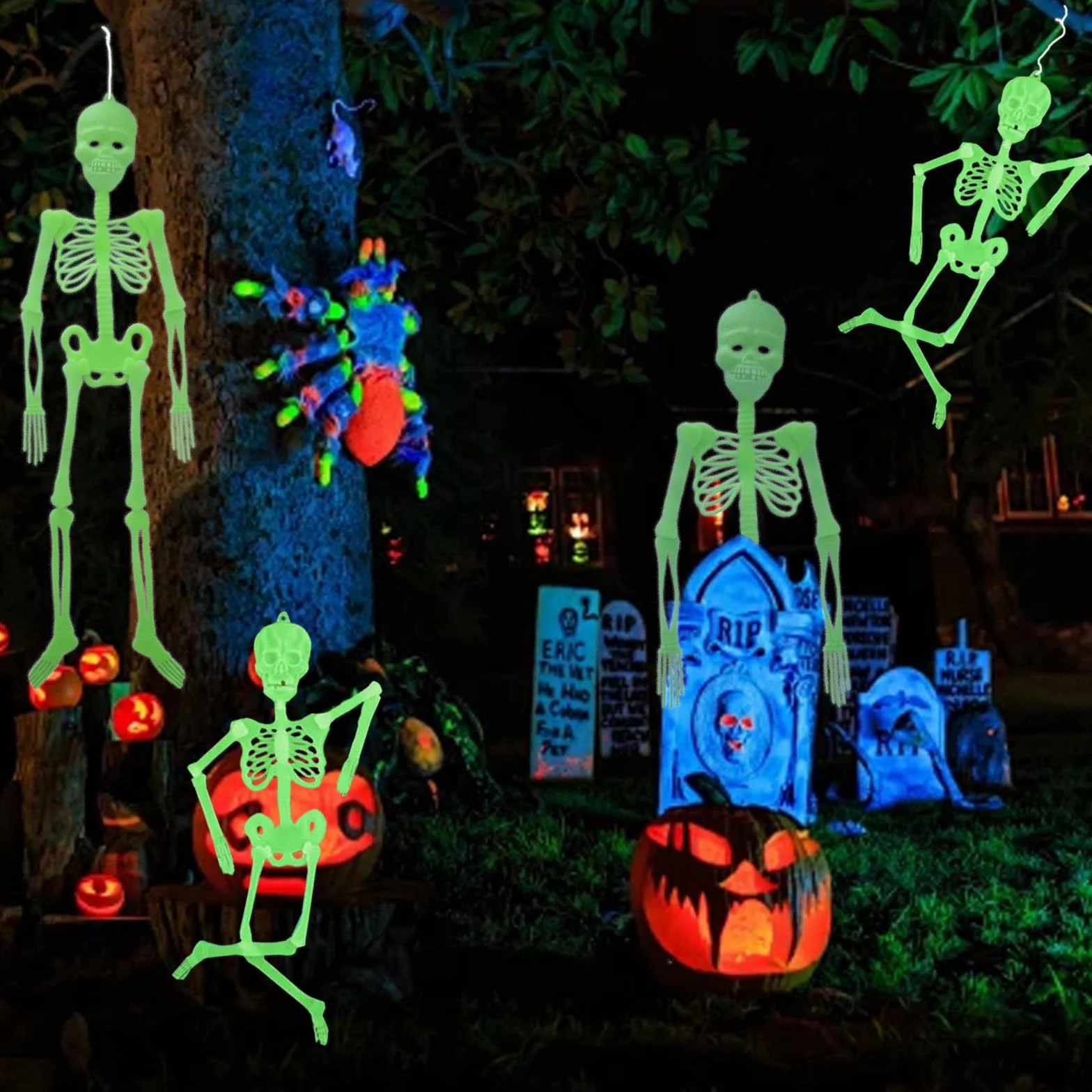 3 sztuki dekoracja na Halloween, świecący szkielet, realistyczne ludzkie szkielety, 3D, straszna dekoracja na Halloween, do ogrodu, straszna impreza tematyczna w pomieszczeniach