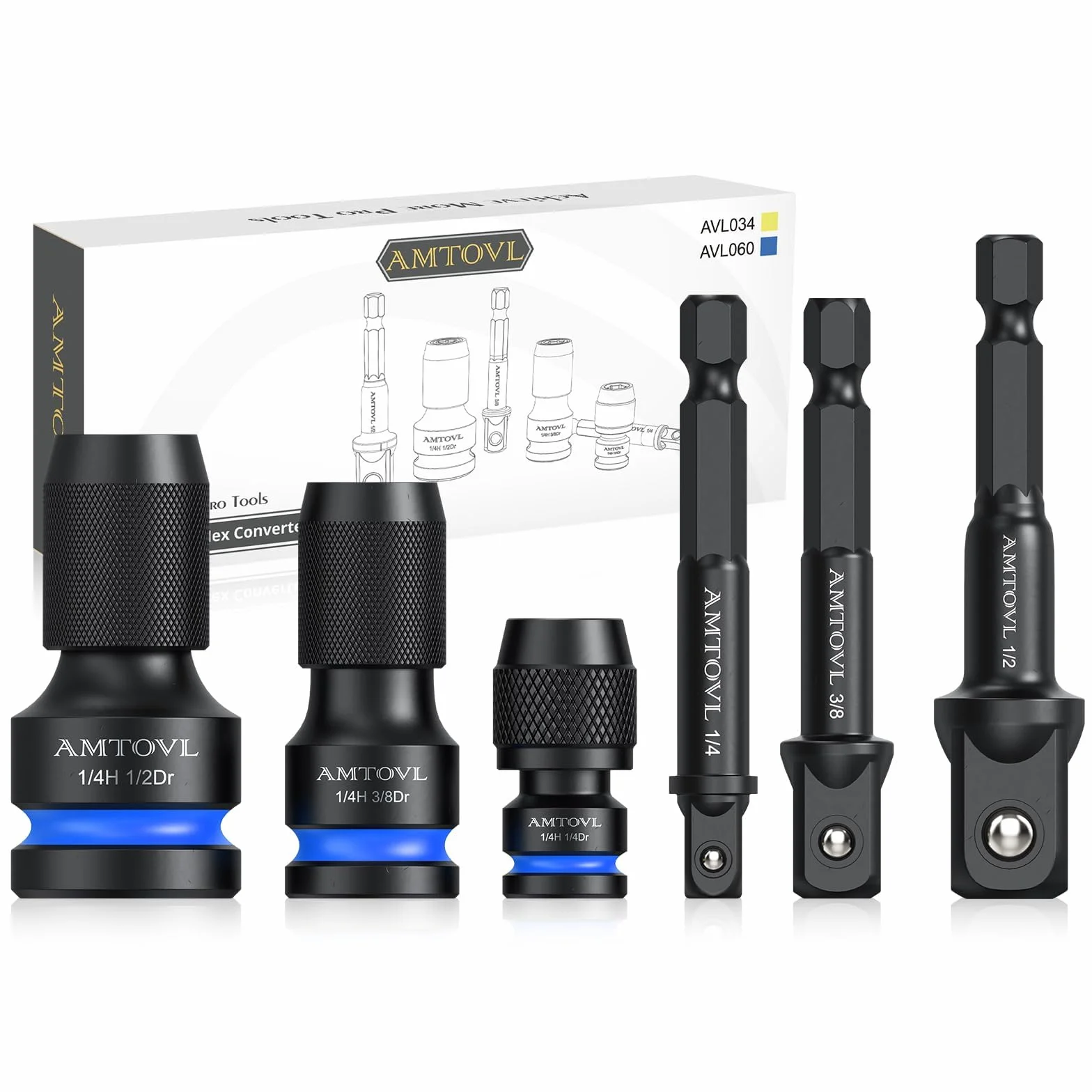 AMTOVL 3 szt. Kwadratowe adaptery do 1/4" sześciokątne 1/4", 3/8", 1/2" materiał 42CRMO Quick Release adaptery nasadowe z napędowym drążkiem adaptera konwerter sześciokątny - niebieski