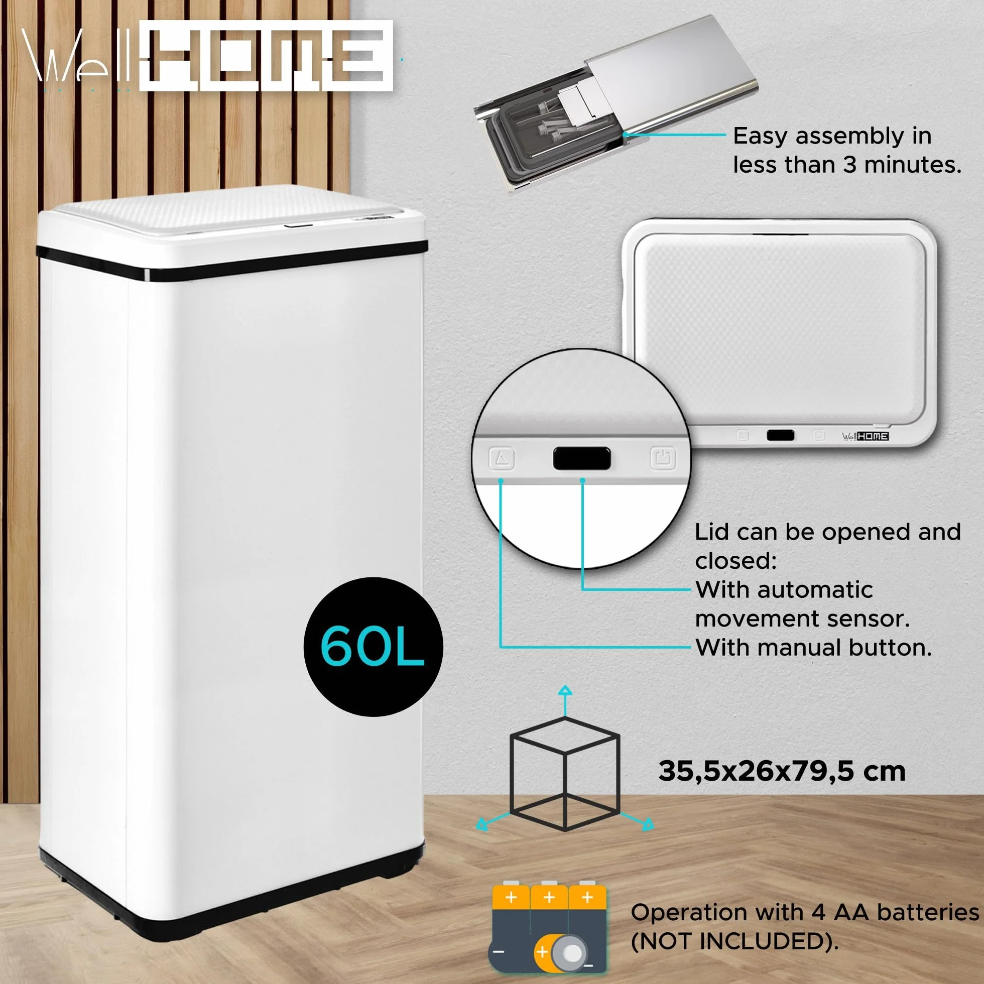 WELL HOME inteligentny kosz na śmieci bez nóżek z automatycznym otwieraniem lub kontaktem ręcznym, 60 l, wysokość: 79,5 (x 35,5 x 26), biały