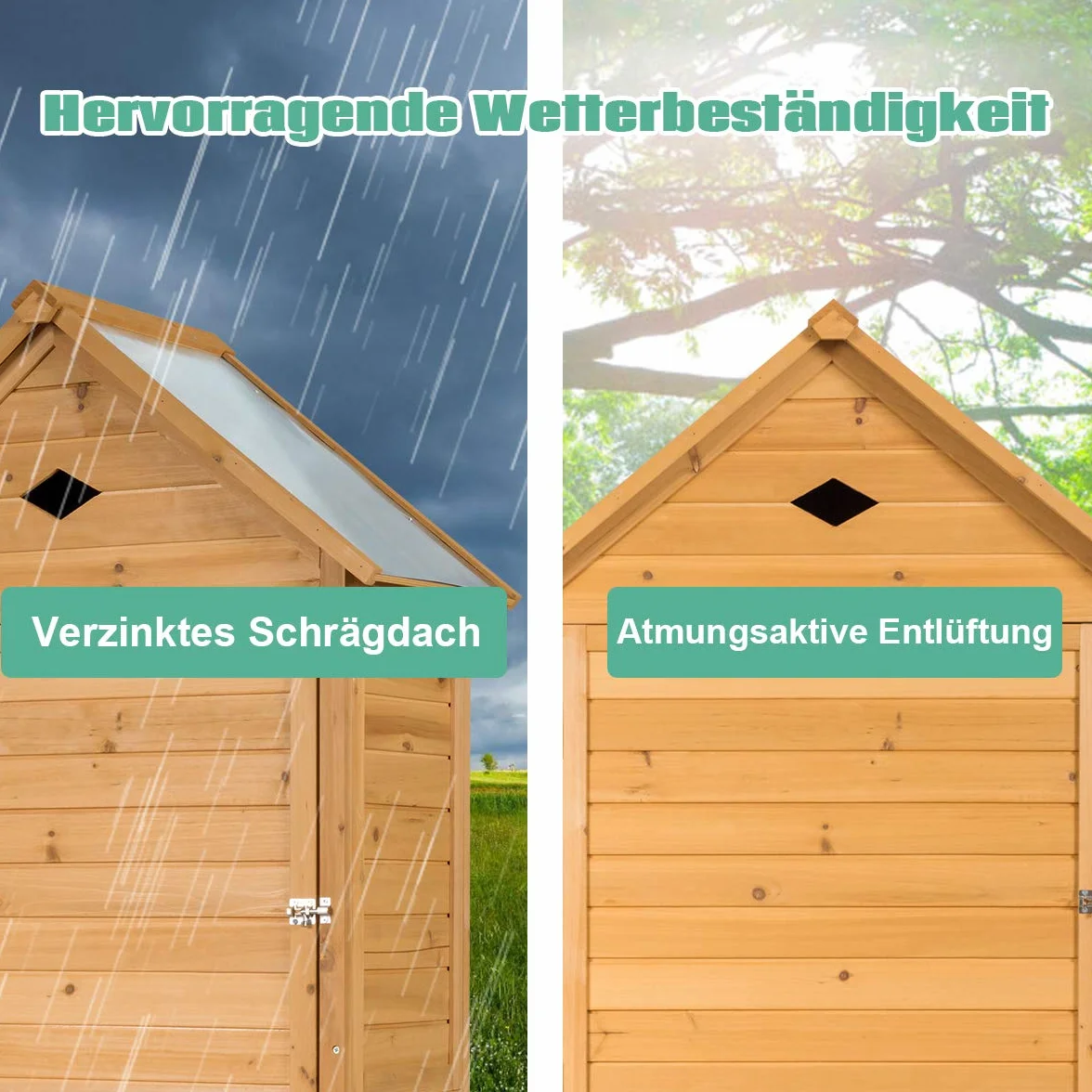COSTWAY Szafka ogrodowa z drewna, szopa narzędziowa, odporna na warunki atmosferyczne, szafka narzędziowa z 4 półkami i dachem dwuspadowym, odpowiednia do ogrodu, balkonu, 80 x 45 x 177 cm