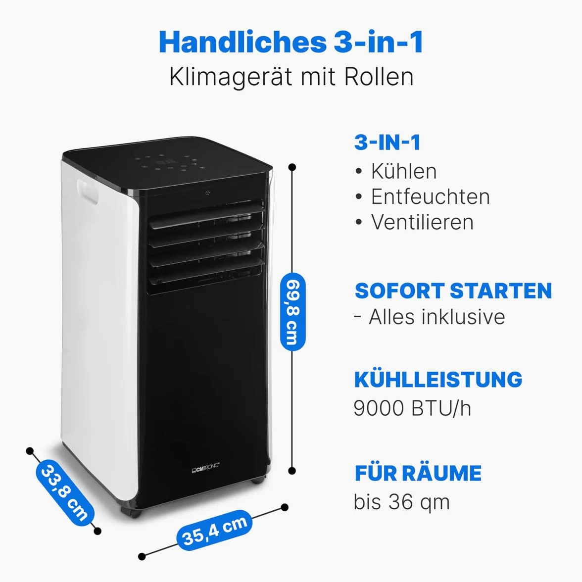 Clatronic CL 3716 mobilny klimatyzator, moc chłodzenia 9000 BTU do dużych pomieszczeń, w zestawie zestaw okienny do uszczelniania, sterowanie Wi-Fi, Voice Control Amazon za pośrednictwem Alexa + Google Assistant, 1050 W, 240 V