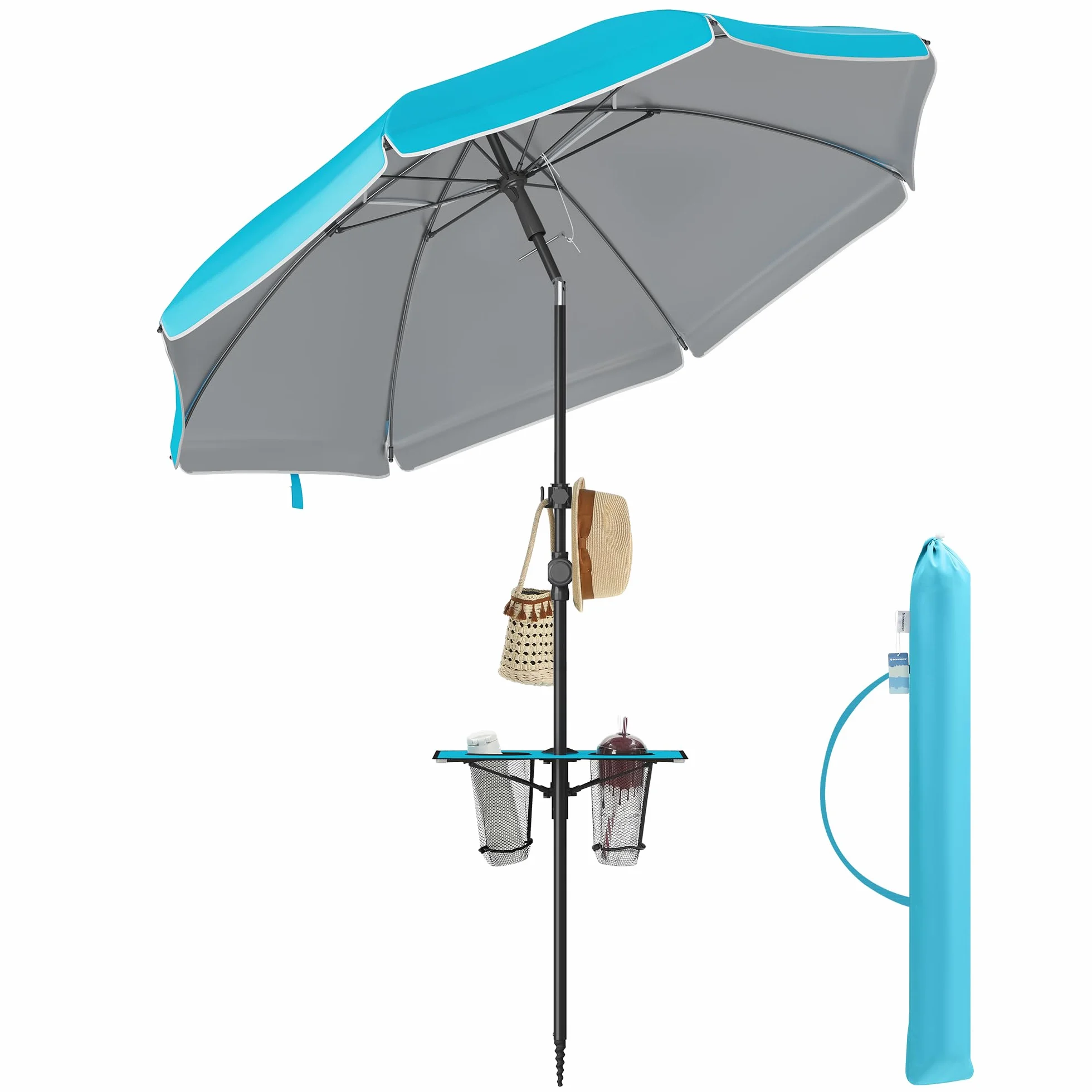 SONGMICS Parasol 200 cm, parasol plażowy, ochrona przeciwsłoneczna UPF 50+, składany do 30° z obu stron, regulowana wysokość, miejsce do przechowywania, na plażę, bez stojaka, niebieski GPU0082Q01