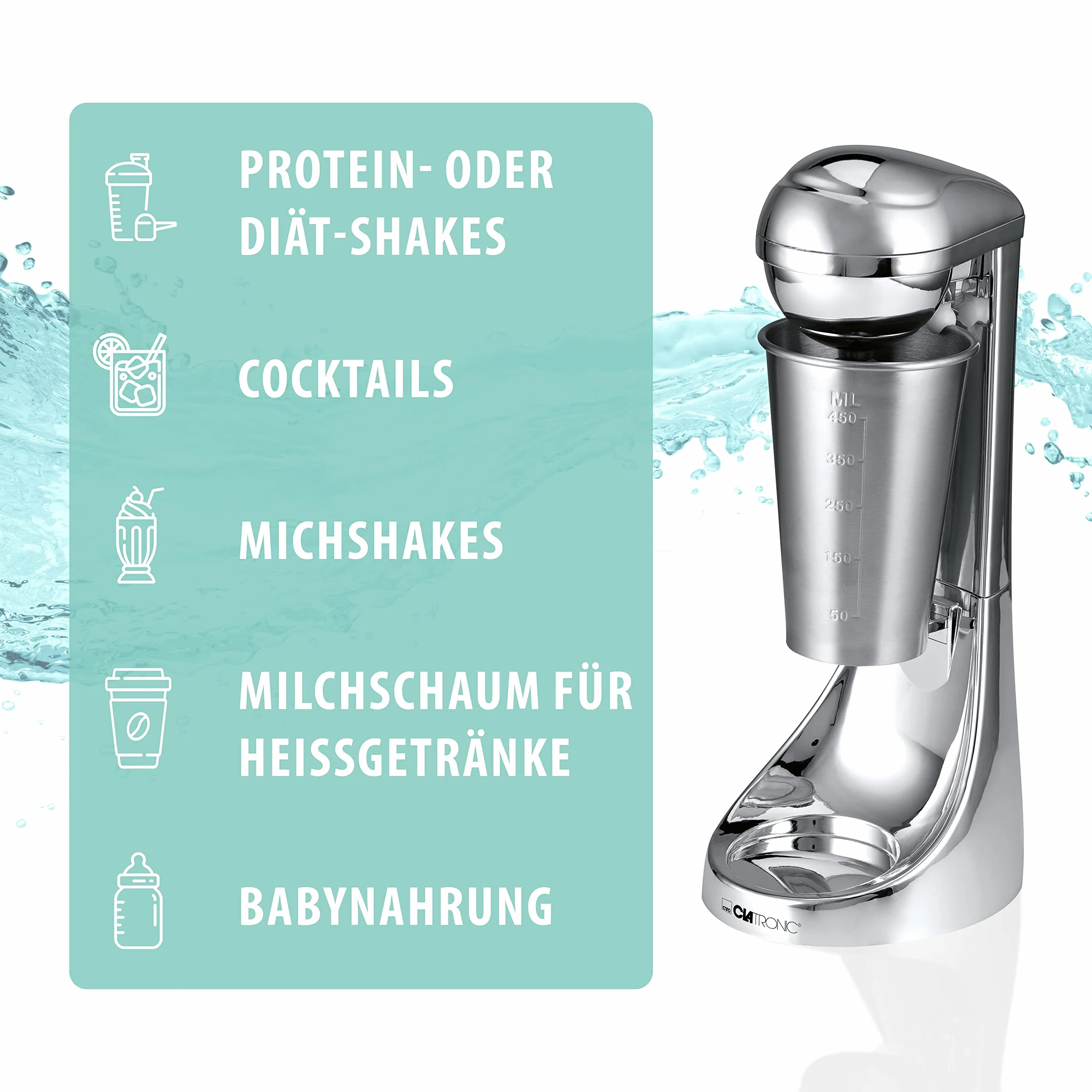 Clatronic® Mikser barowy i spieniacz do mleka | Smoothie Maker | pojemnik ze stali nierdzewnej 650 ml | praktyczny uchwyt na kubek | mikser | 2 poziomy prędkości | mocny silnik 65 W | Chromdesgin | BM