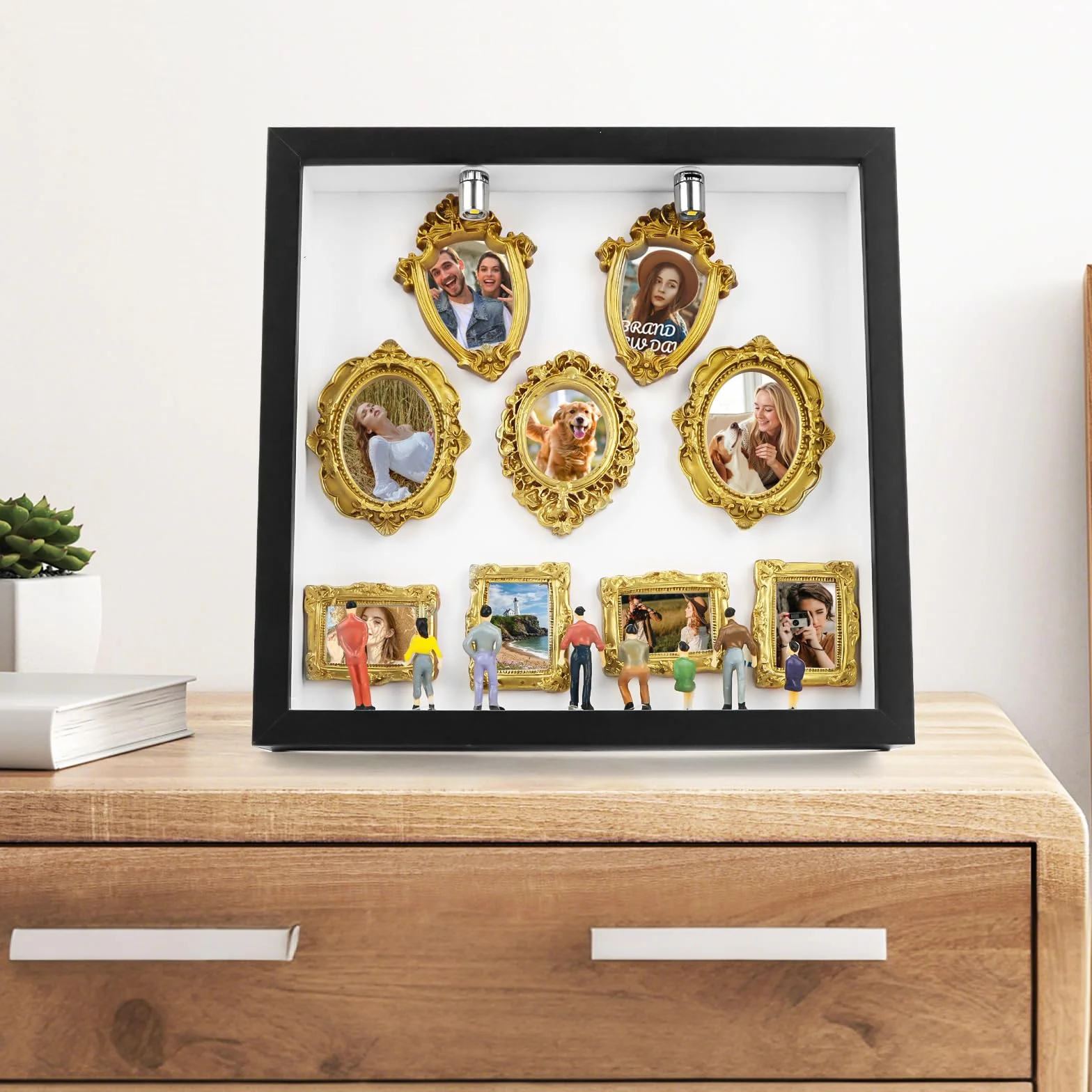Mini muzealne pudełko "zrób to sam", 8 cali, mini muzeum sylwetki, zestaw "zrób to sam", 8 mini złotych ramek i 8 losowych figurek, kreatywna ramka na zdjęcia ze światłem LED, pomysł na prezent
