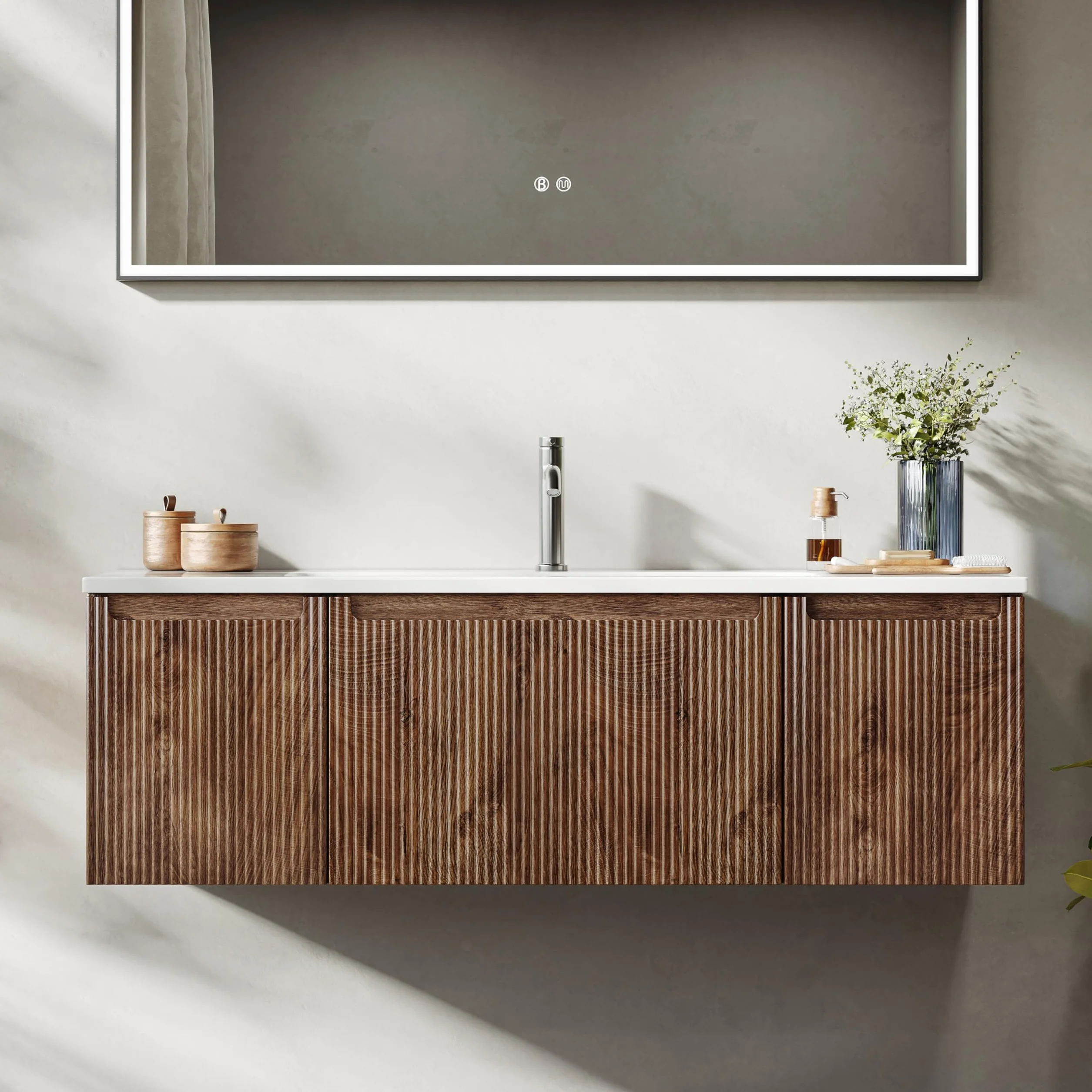 120 cm Ścienna Szafka Pod Umywalkę Z Żywicy Mineralnej, Szufladą I Drzwiami, Ultracienka, Z Cichym Domykiem, Żebrowanym Akcentem, Odpowiednia Do Dużych Łazienek, Forest Walnut