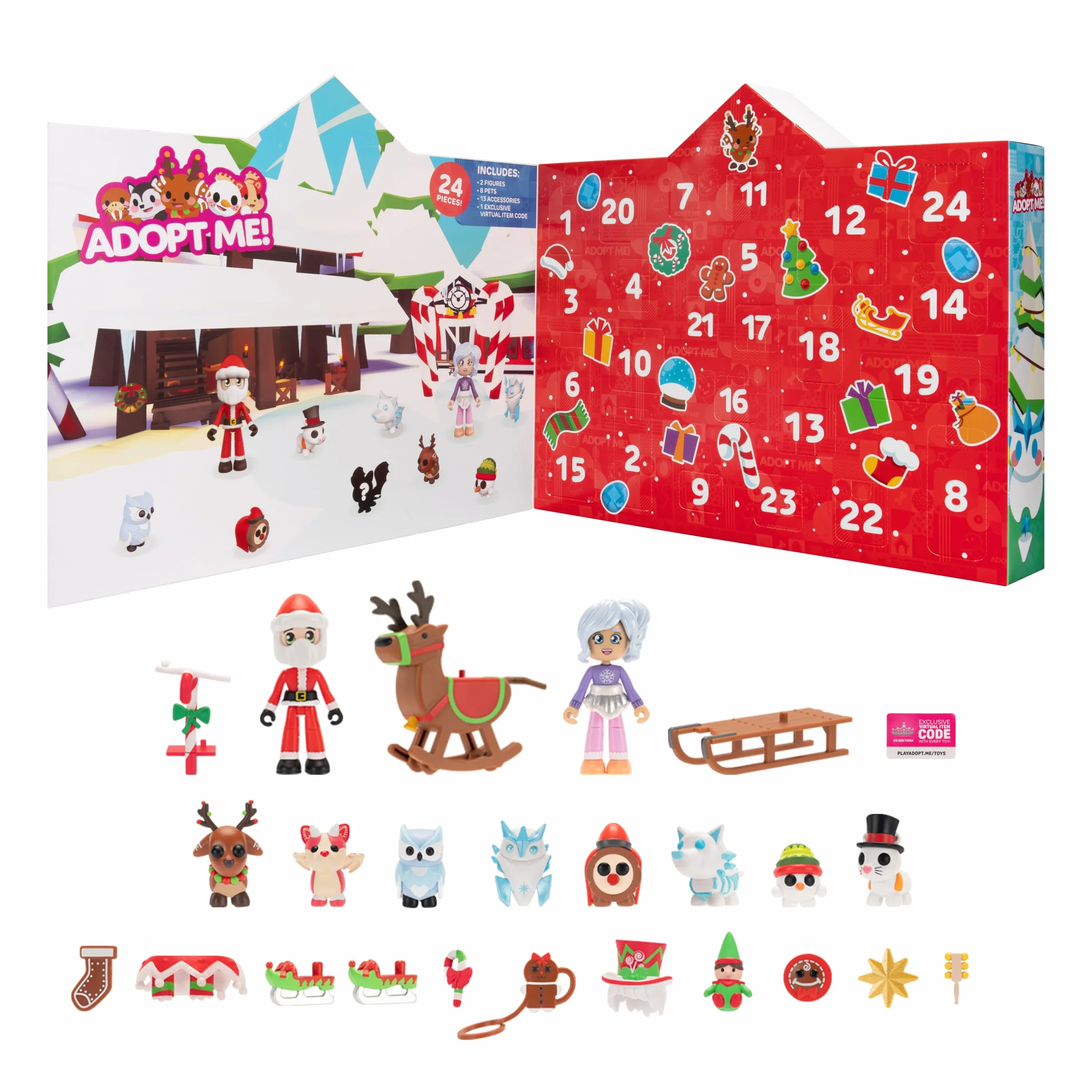 Adopt Me! Kalendarz świąteczny - funkcje (8) zwierzęta domowe 5 cm, (2) figurki 7 cm i 13 unikalnych akcesoriów - w zestawie ekskluzywny wirtualny kod przedmiotu - wiek 6 +
