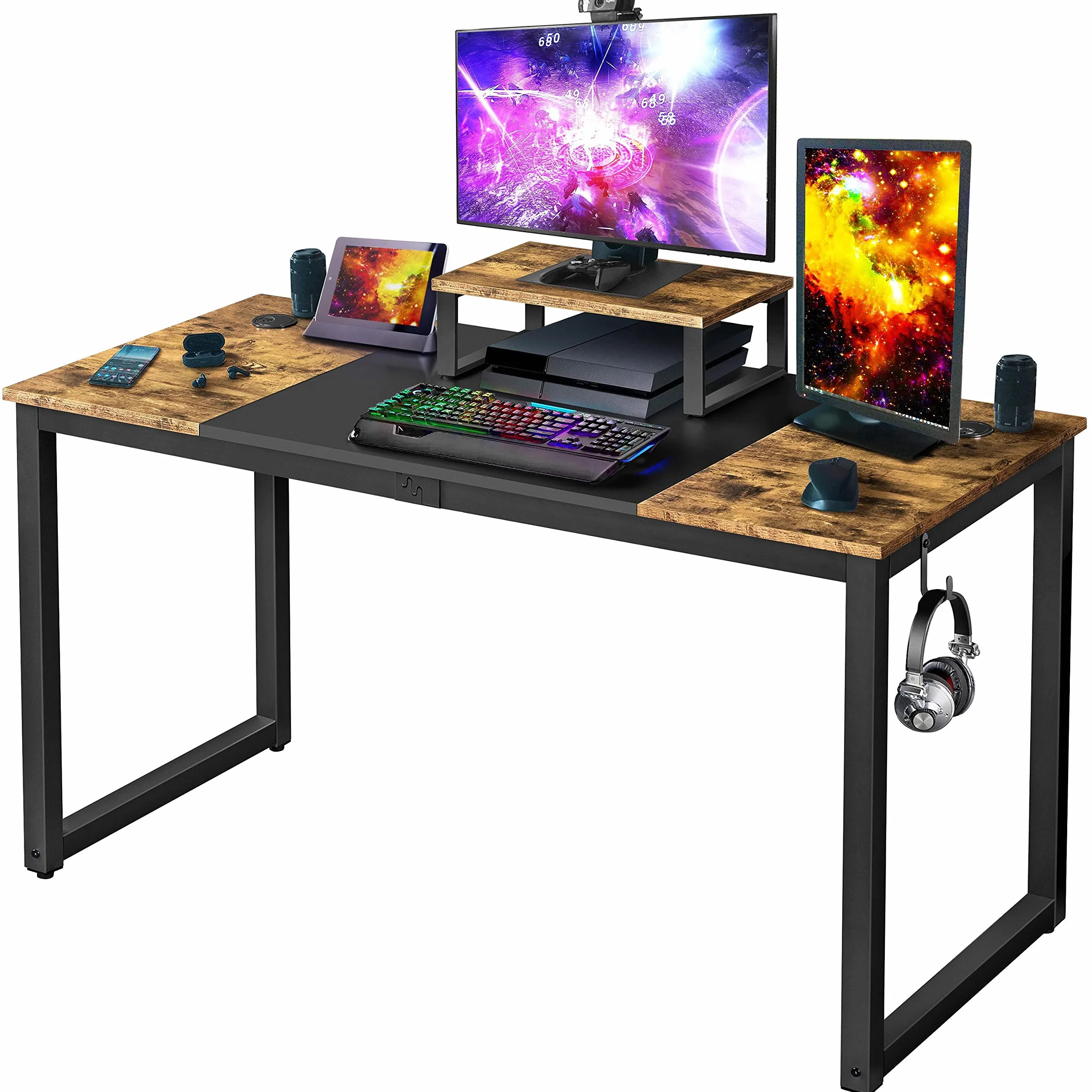 YaheetechStół Monitorowa Podstawka Biurko z 2 Oczkami Na Kable/Hak Rustykalny Brązowy 140x60x89cm