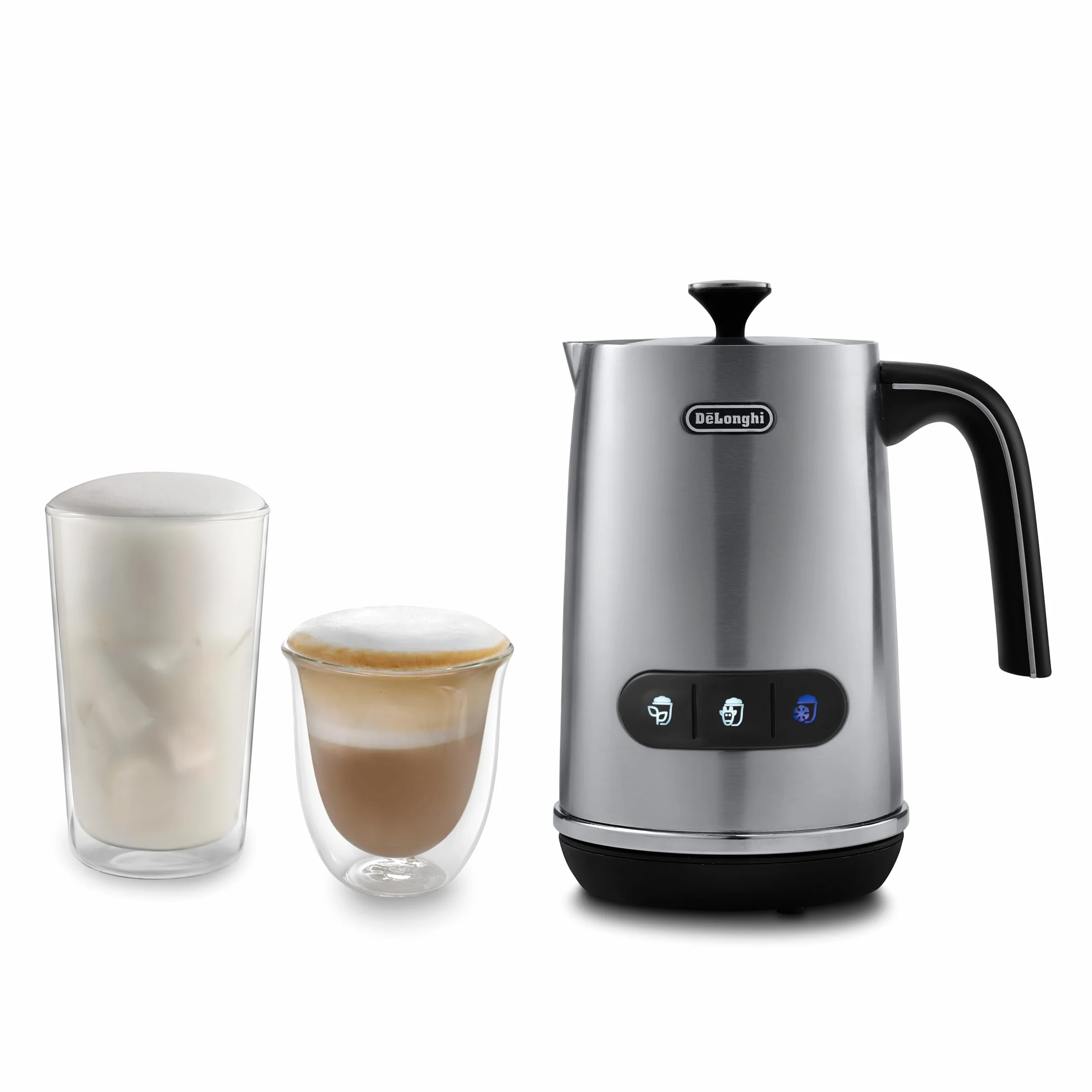 De'Longhi LatteMix EMF3.M elektryczny spieniacz do mleka i warzyw, łatwe czyszczenie, przezroczysta pokrywka, 3 przyciski, 250 ml, biały