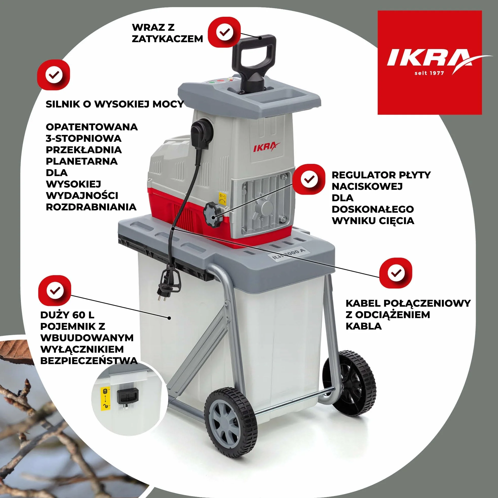 IKRA rozdrabniacz ogrodowy walcowy elektryczna ILH 3000 A, moc 3000 W, w tym sekator i okulary ochronne