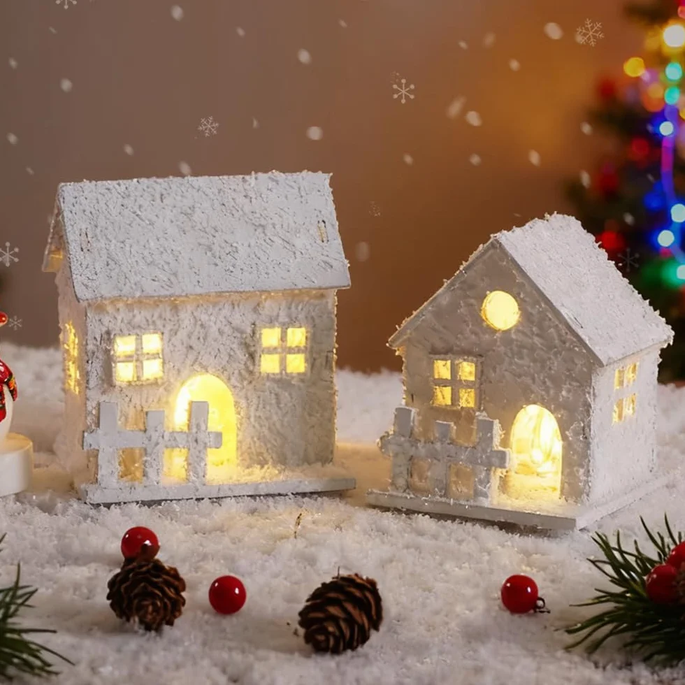 3 sztuki drewniana wioska bożonarodzeniowa, miniaturowy dom, biały śnieg, mini oświetlenie LED na baterie, dekoracja bożonarodzeniowa, małe akcesoria anime, lampka nocna, prezent zimowy