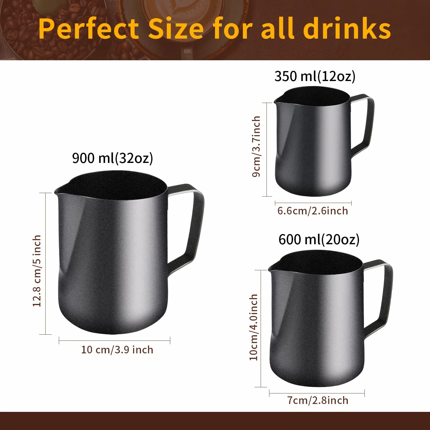 TechKen Dzbanek do Spieniania Mleka 350 ml 600 ml Latte Art Pen Czarny