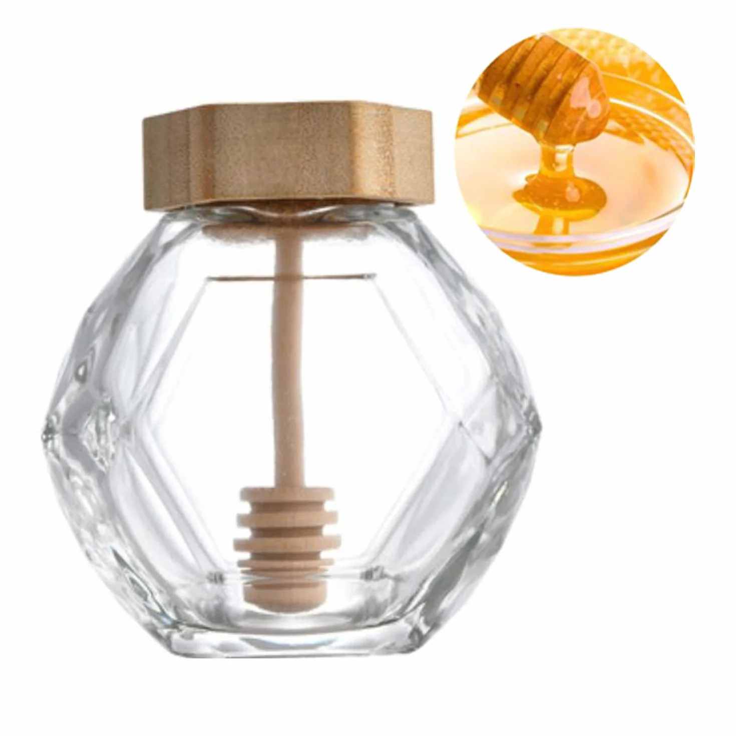 Szklany dozownik miodu 200 ml z drewnianą łyżką i korkiem