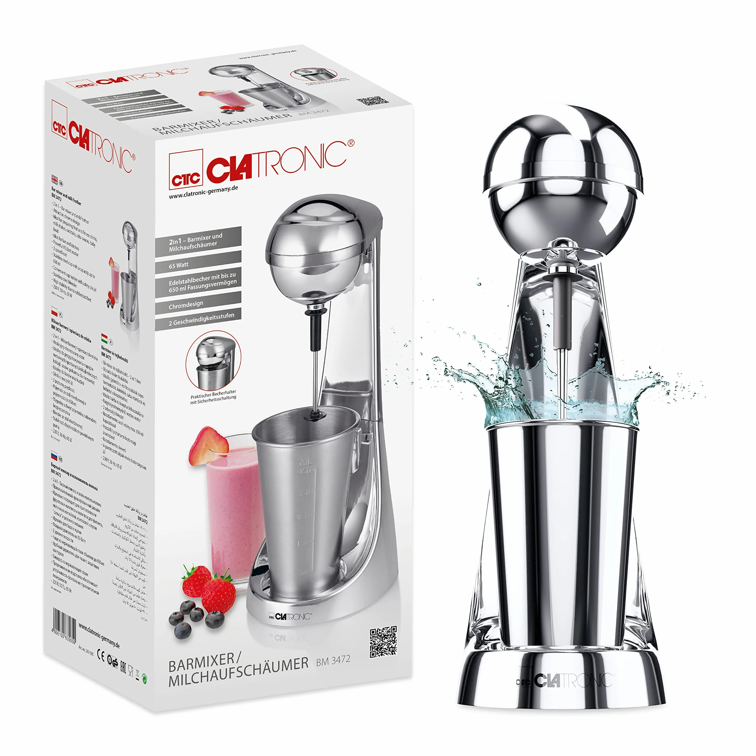 Clatronic® Mikser barowy i spieniacz do mleka | Smoothie Maker | pojemnik ze stali nierdzewnej 650 ml | praktyczny uchwyt na kubek | mikser | 2 poziomy prędkości | mocny silnik 65 W | Chromdesgin | BM