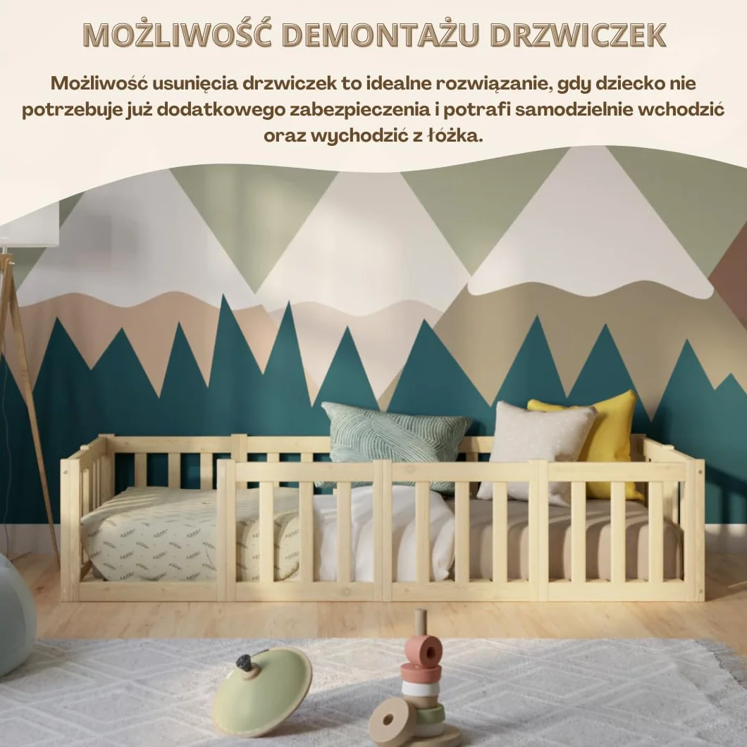 Łóżko dziecięce Crazy Johnny 180 x 90 cm – Montessori łóżko podłogowe z zabezpieczeniem przed wypadnięciem i otwieraną barierką - Bezpieczne dla najmłodszych - Łatwy montaż
