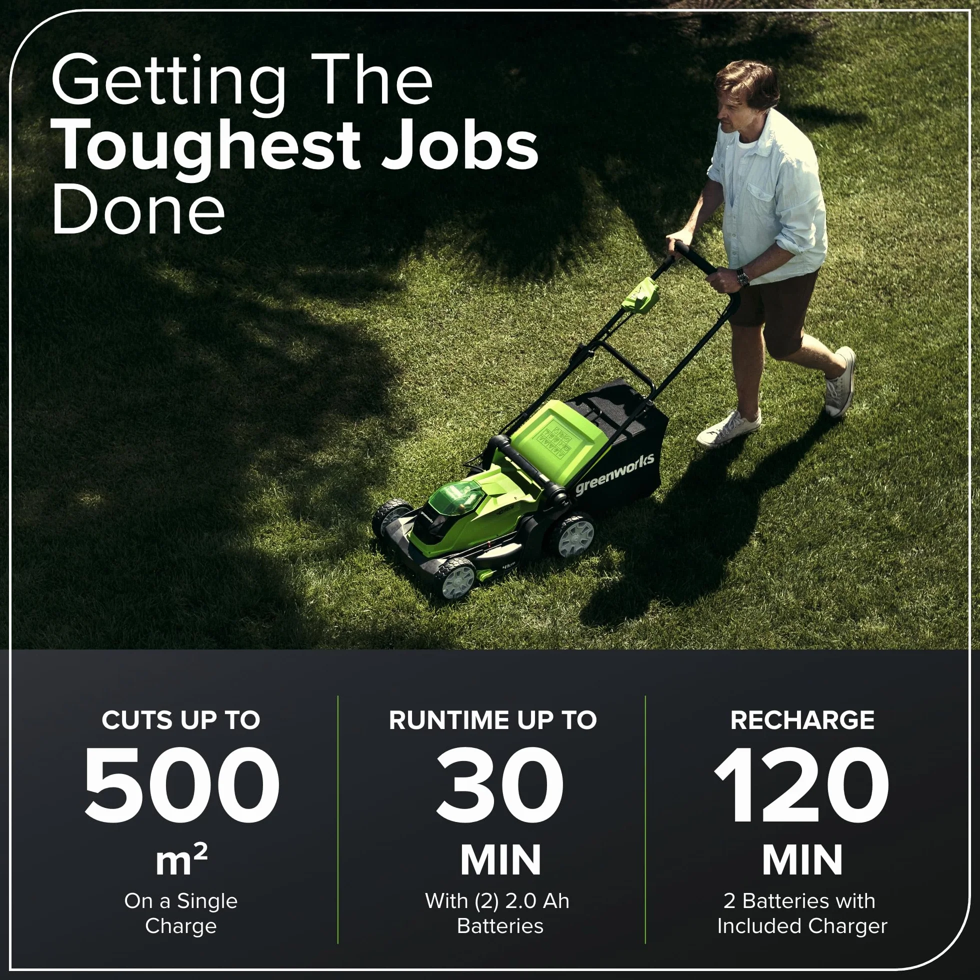 Greenworks G40LM41K2XF Kosiarka Akumulatorowa do Trawników do 500m², Szerokość Koszenia 41cm, Torba 50L PLUS Dwie Baterie 40V 2Ah i Jedna Szybka Ładowarka