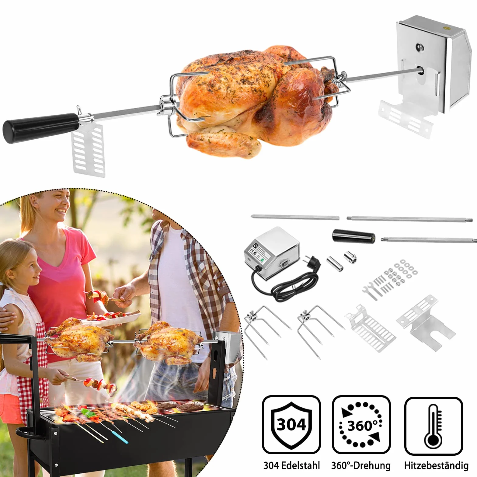 UISEBRT Rożen do grilla z silnikiem 220-240 V, ze stali nierdzewnej, obrotowy rożen do grilla gazowego i rożna, w zestawie 2 x szpikulec do mięsa, 107 cm