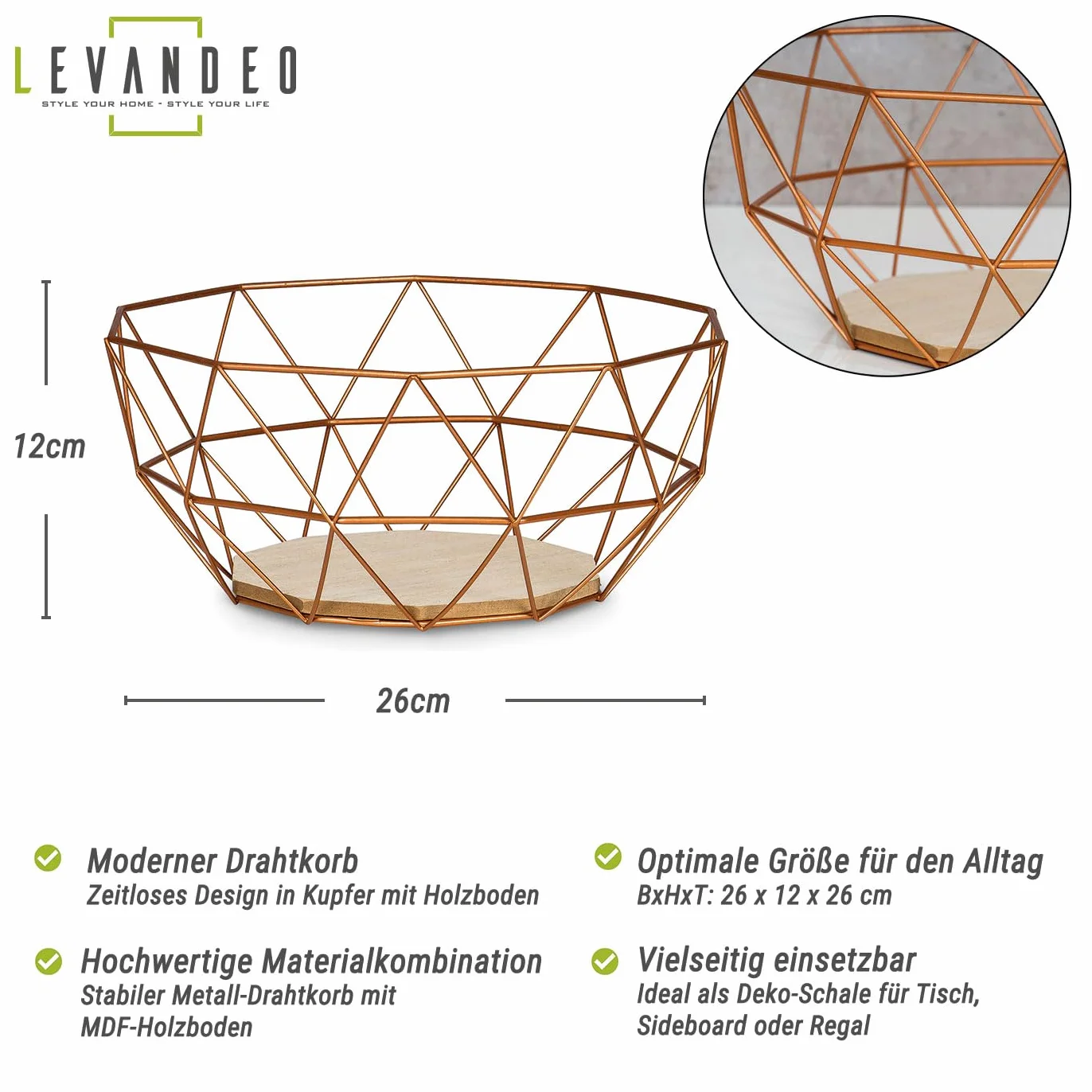 levandeo Kosz metalowy miedziany 26 x 12 cm kosz na owoce nowoczesny drewno MDF brązowy miska dekoracyjna design dekoracja stołu