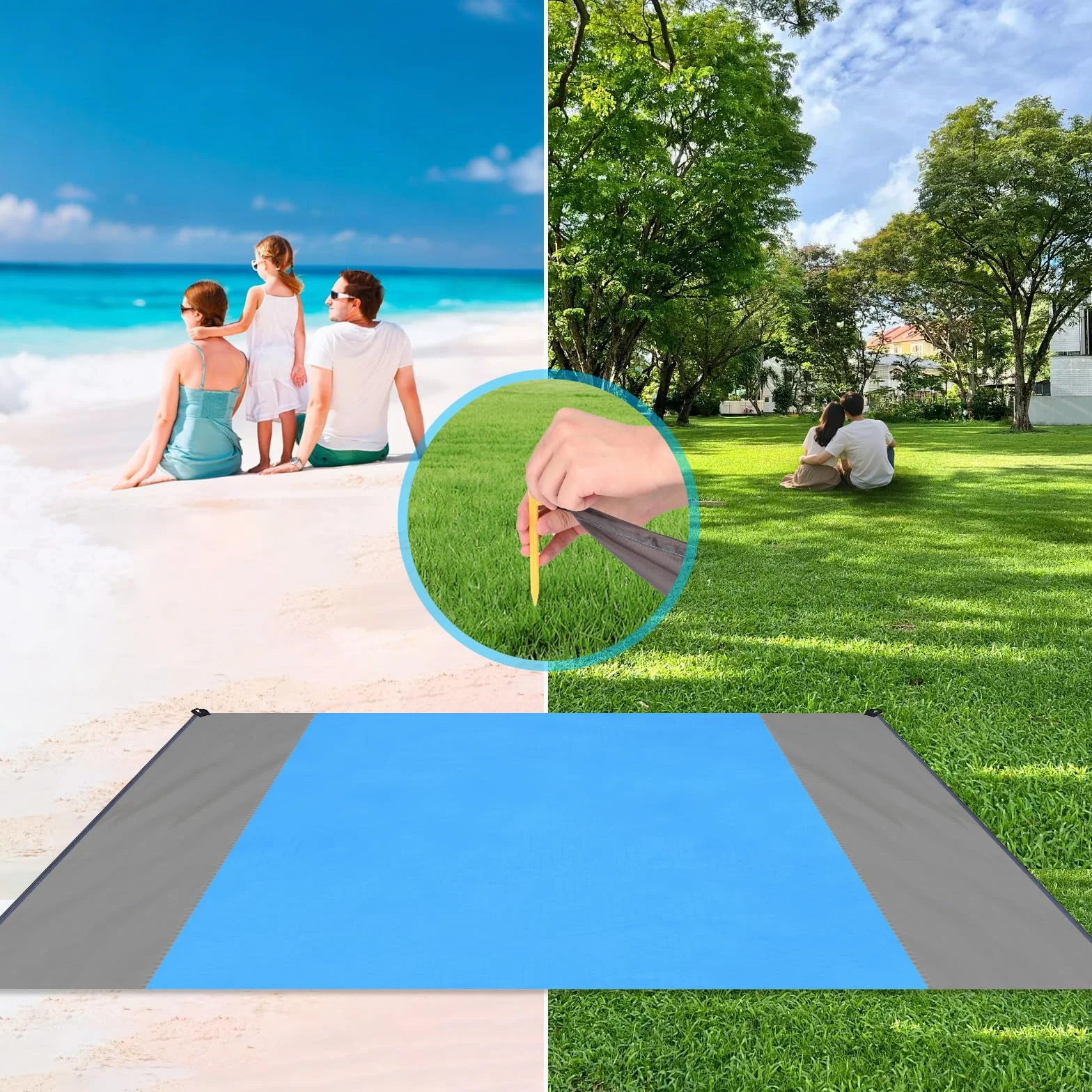 Mata plażowa 210 x 200 cm, koc piknikowy bez piasku, ultralekki, wodoodporny, powierzchnia, łatwy do przenoszenia, z 4 szpilkami, woreczkiem ze sznurkiem i karabińczykiem, na plażę i kemping
