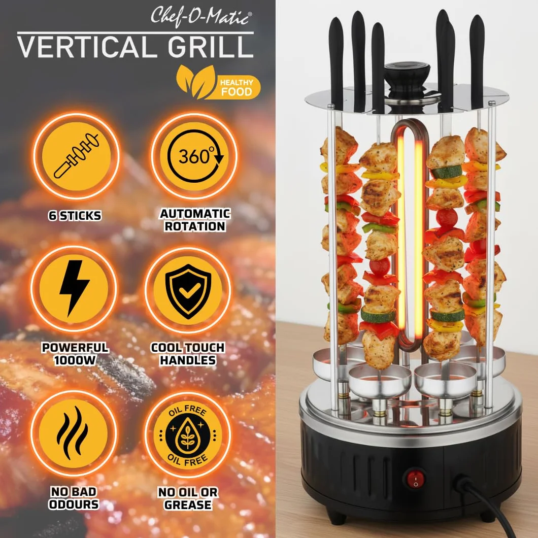 Chef O Matic Pionowy grill elektryczny 1000 W 6 szpikulców automatyczny obrót 360°