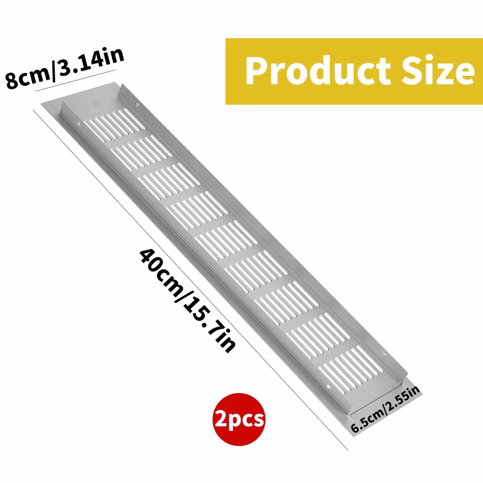 Kratka wentylacyjna, aluminiowa kratka wentylacyjna, prostokątna, ochrona przed korozją, do szafek i sypialni, kratka wentylacyjna do drzwi (80 mm x 400 mm), 2 sztuki