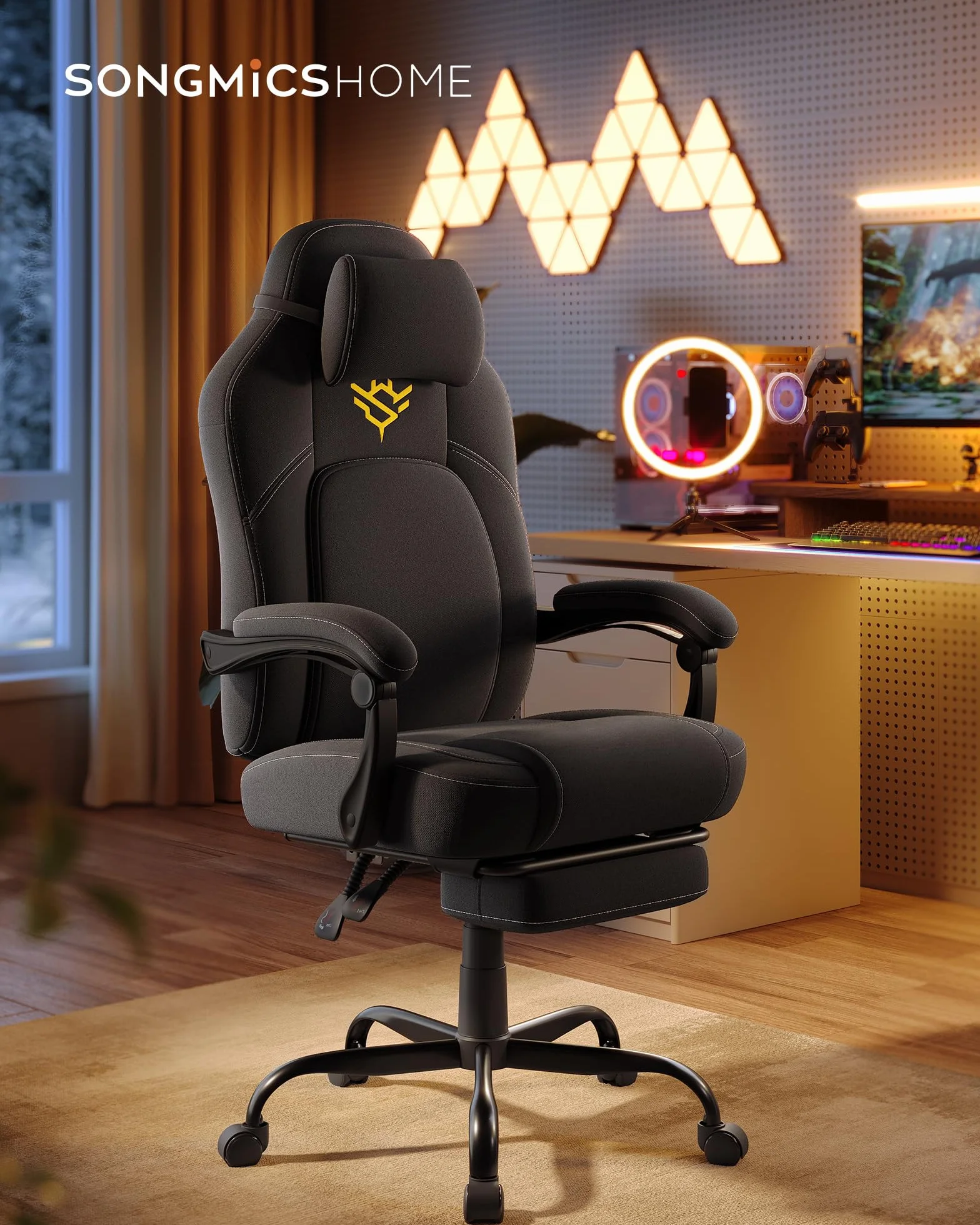 SONGMICS HOME Krzesło gamingowe, ergonomiczne krzesło komputerowe z podnóżkiem, krzesło biurowe, krzesło obrotowe z poduszką pod głowę, mieszanka bawełny i lnu, z regulacją wysokości, kolor czarny