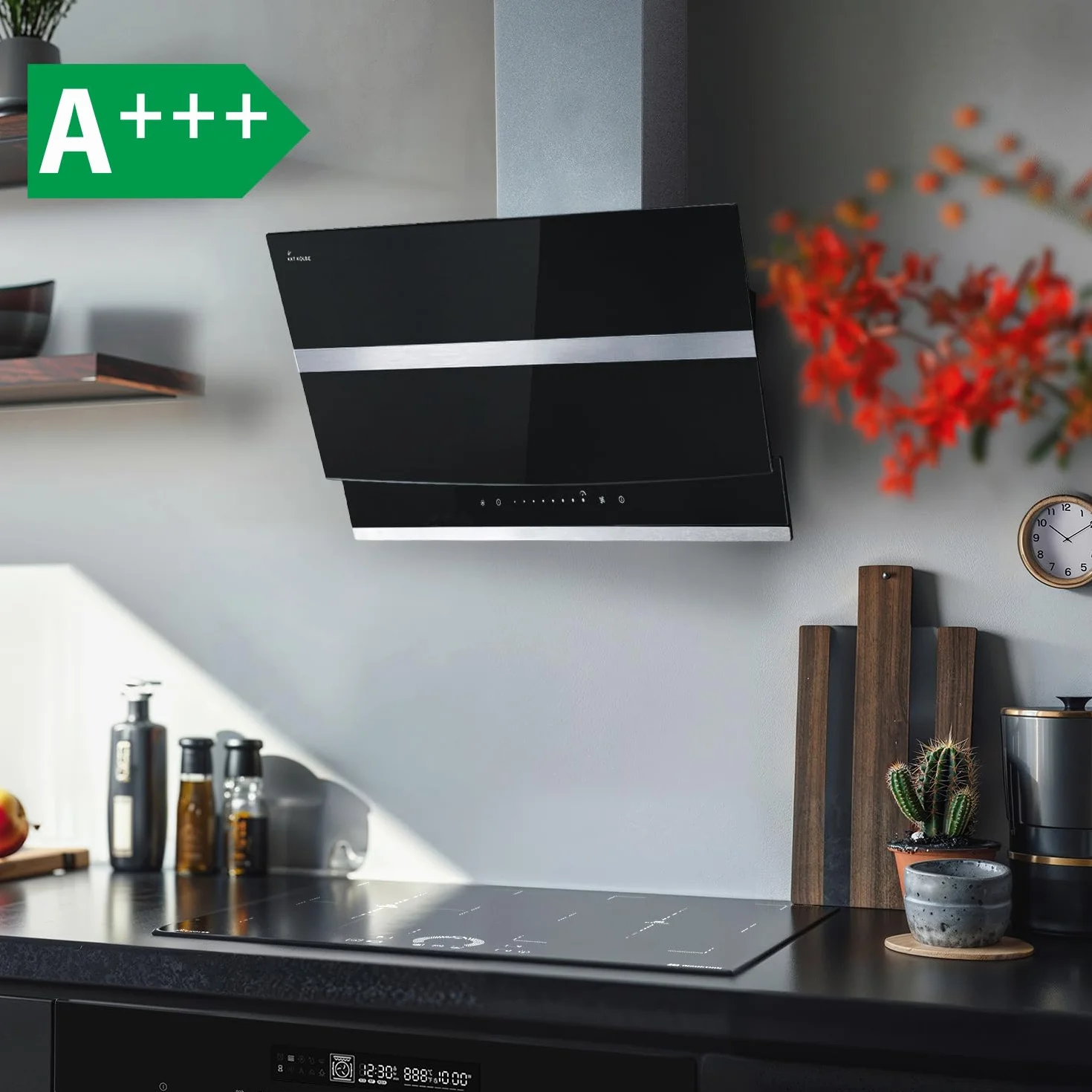 Okap kuchenny 90 cm | okap ścienny ze stali nierdzewnej | czarne szkło | WiFi | automatyczne wyłączanie | oświetlenie LED RGBW | sterowanie dotykowe | HERMES9005SM