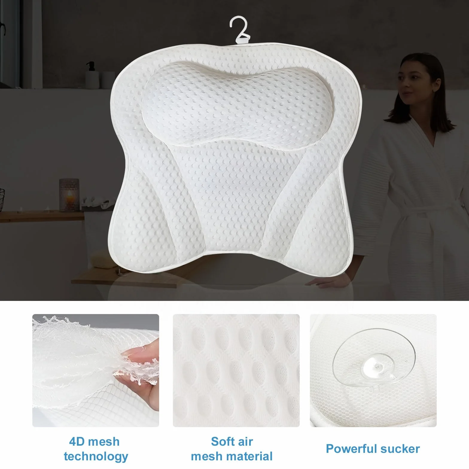 Poduszka do kąpieli, poduszka do wanny 4D Air Mesh z 6 przyssawkami Antypoślizgowa ergonomiczna poduszka do kąpieli może wspierać głowę, szyję, plecy, domowe spa (szary)