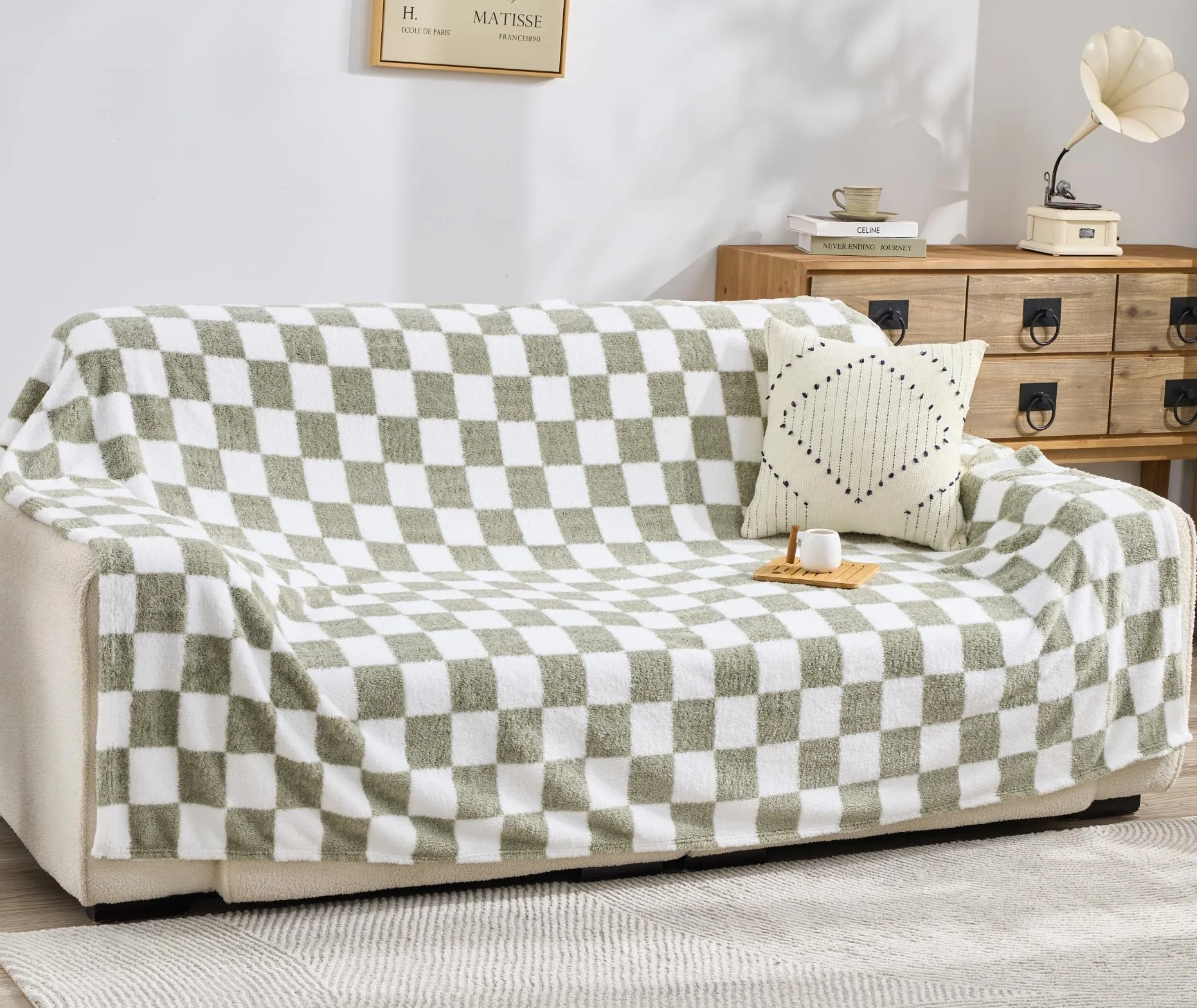 EMME Koc w kratę twin size 150 x 200 cm – zielony, miękki i puszysty koc dzianinowy z wzorem na kanapę, sofę, fotel, łóżko, do campingu, na piknik i w podróż