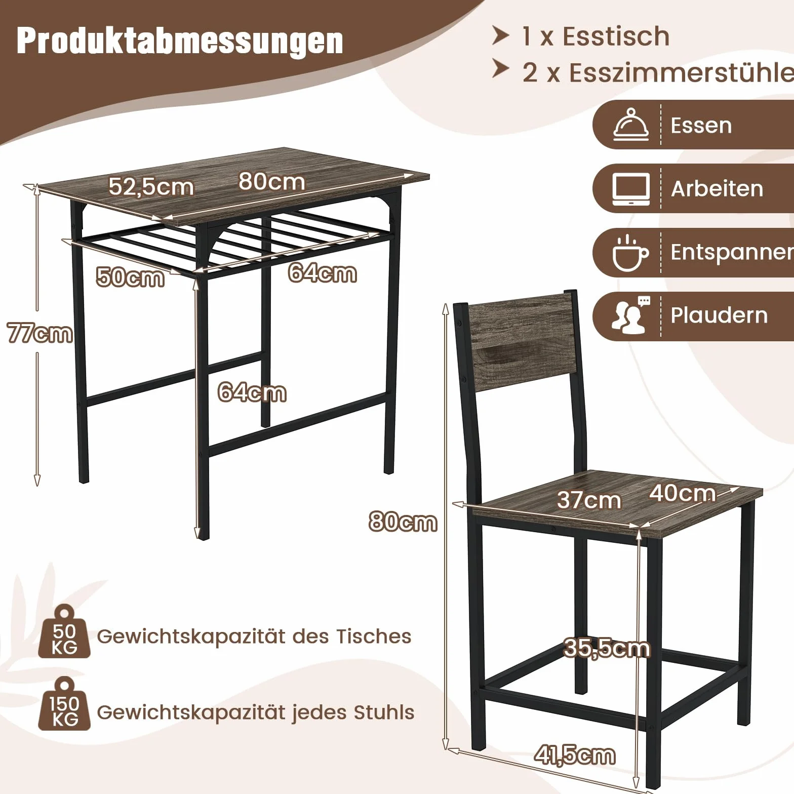 COSTWAY Stół do jadalni z 2 krzesłami, 3-częściowy zestaw do jadalni z drewna z półką i metalową ramą, mały stół kuchenny dla 2 osób, zestaw do jadalni do kuchni, jadalni, 80 x 52,5 x 77 cm (szary)