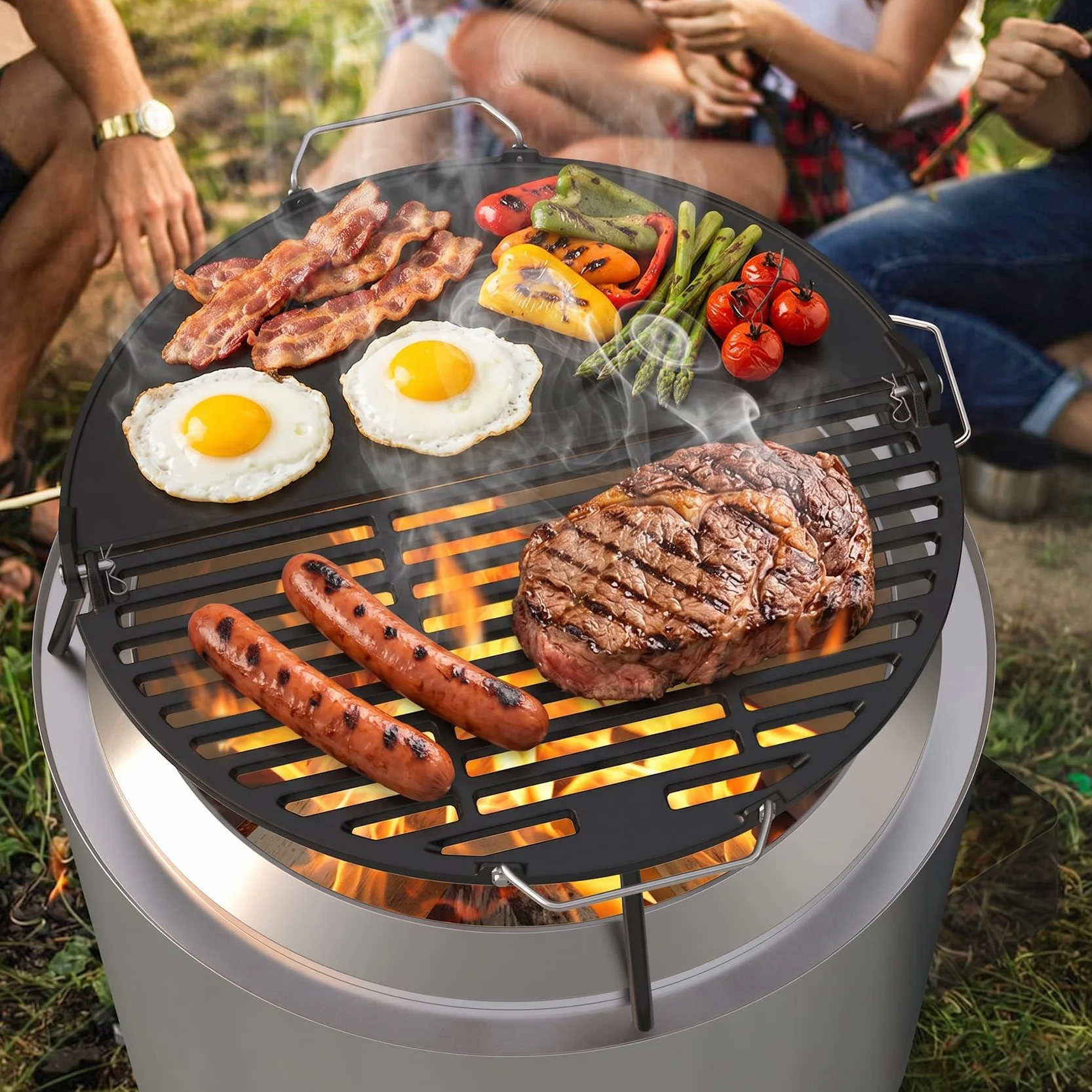 Onlyfire Żeliwna płyta grillowa Solo, bezdymny Bonfire, 49,5 cm, składany grill i płyta grillowa 2 w 1 z kubkiem tłuszczu do grilla na podwórku i na świeżym powietrzu