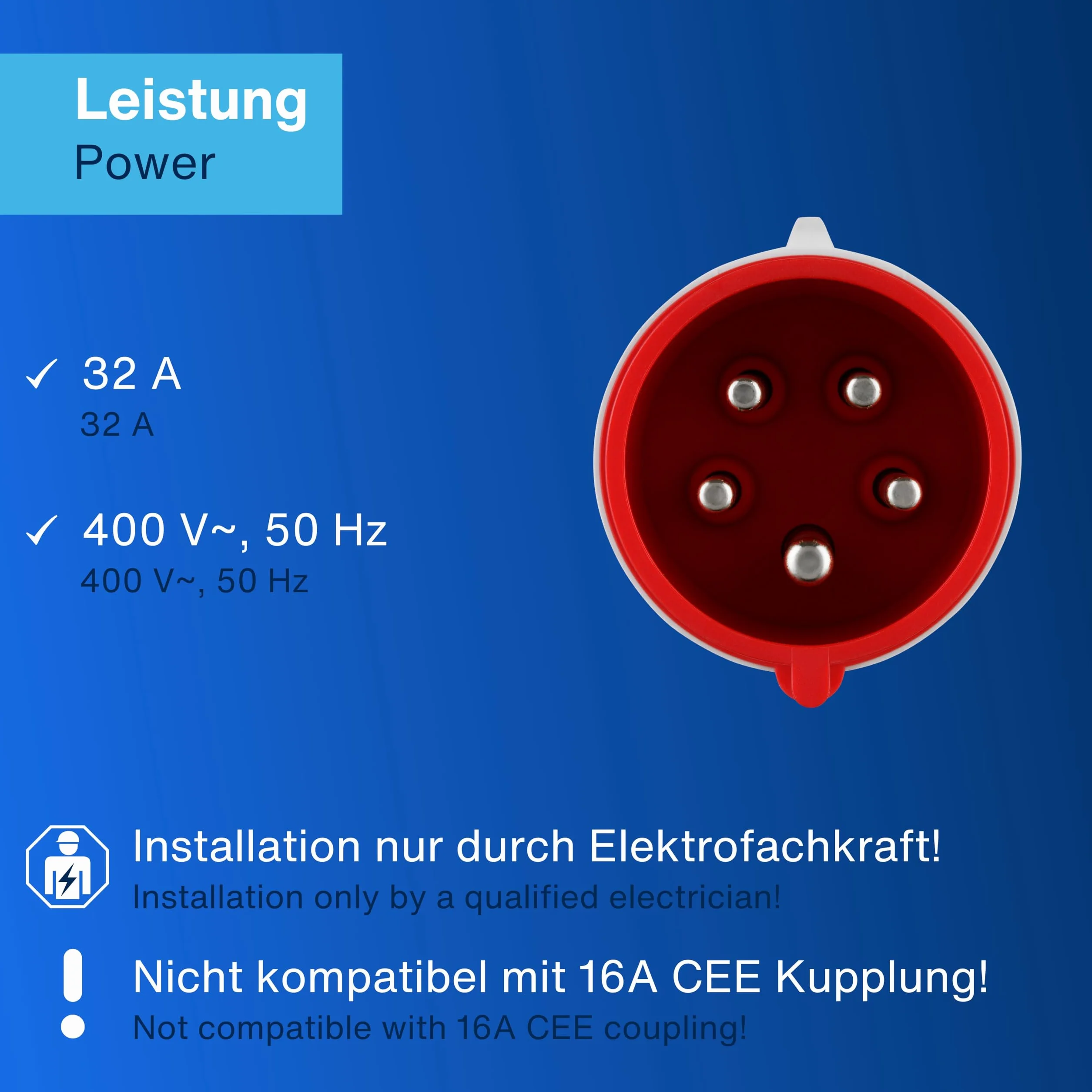 REV 0512540555 wtyczka CEE, 400 V, 32 A, 5-biegunowa, 3Ph+N+PE, wodoszczelna IP44, czerwona