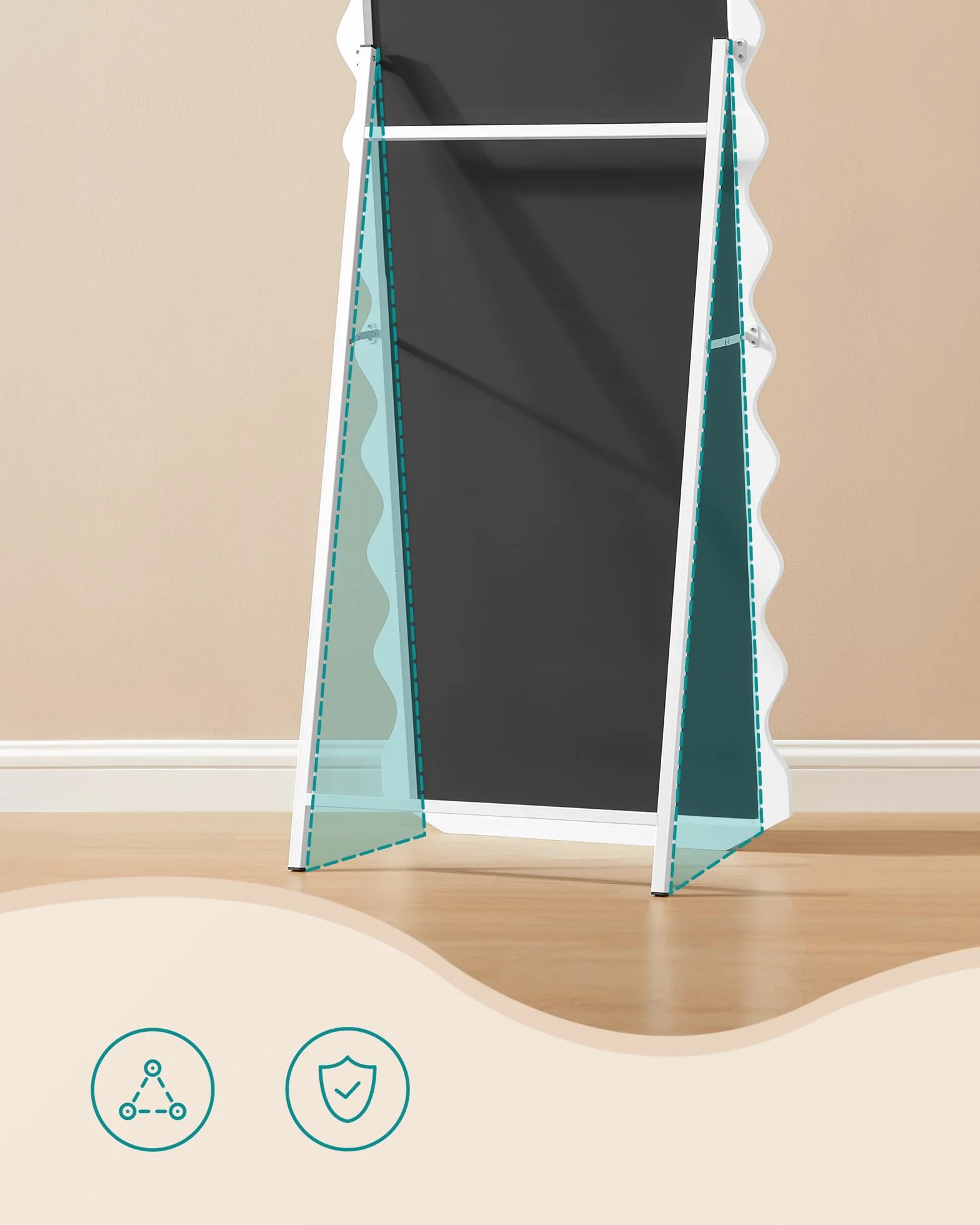 SONGMICS Duże lustro, 160 x 50 cm, stojące, falisty wzór, ze stojakiem, wolnostojące, rama MDF, do sypialni, salonu, przedpokoju, na Boże Narodzenie, kolor biały chmurkowy LFM027W01