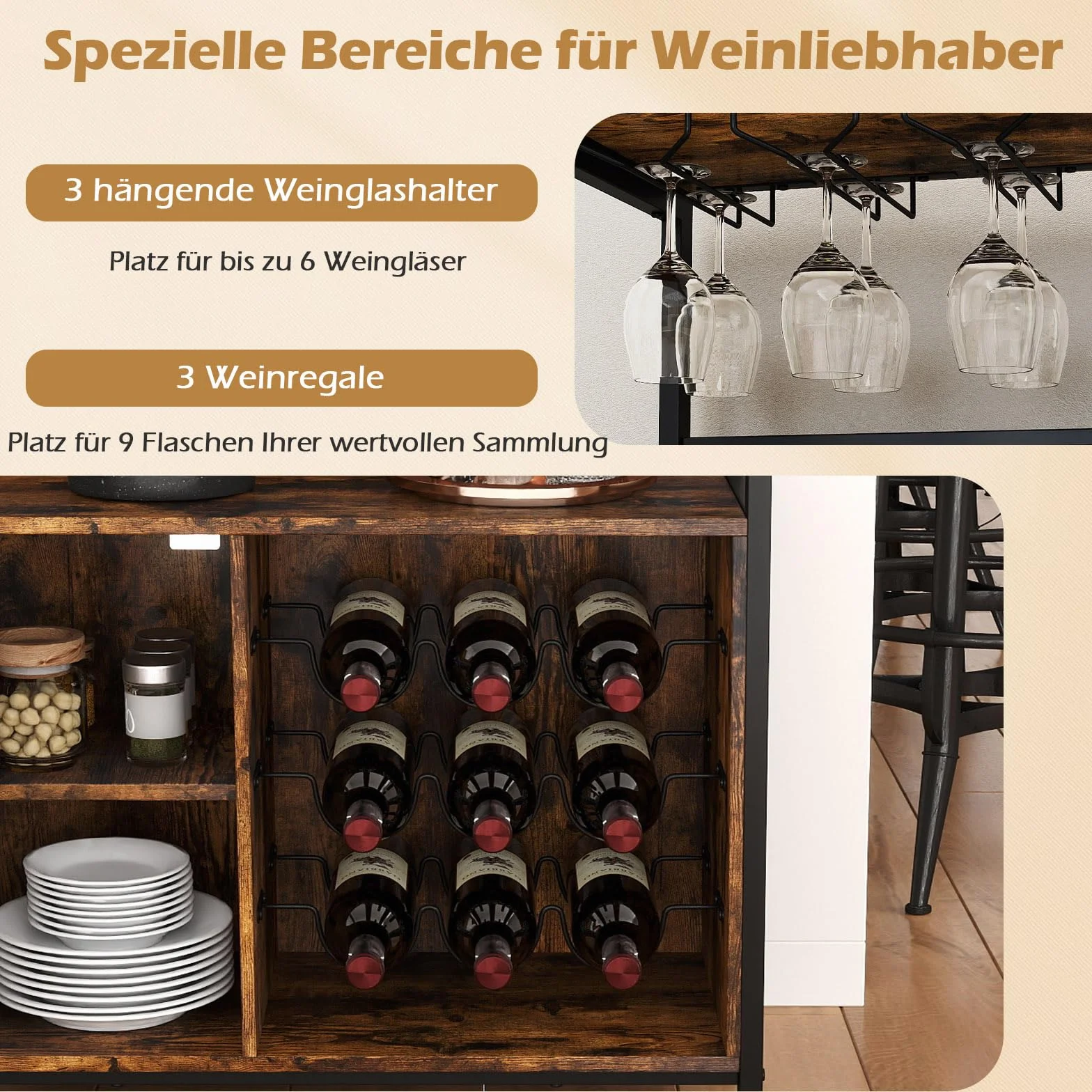 COSTWAY Industrialna szafka na wino, szafka kuchenna ze zdejmowanym regałem na wino i wbudowanymi uchwytami na szkło, komoda drewniana, wolnostojąca, 75 x 34 x 90,5 cm