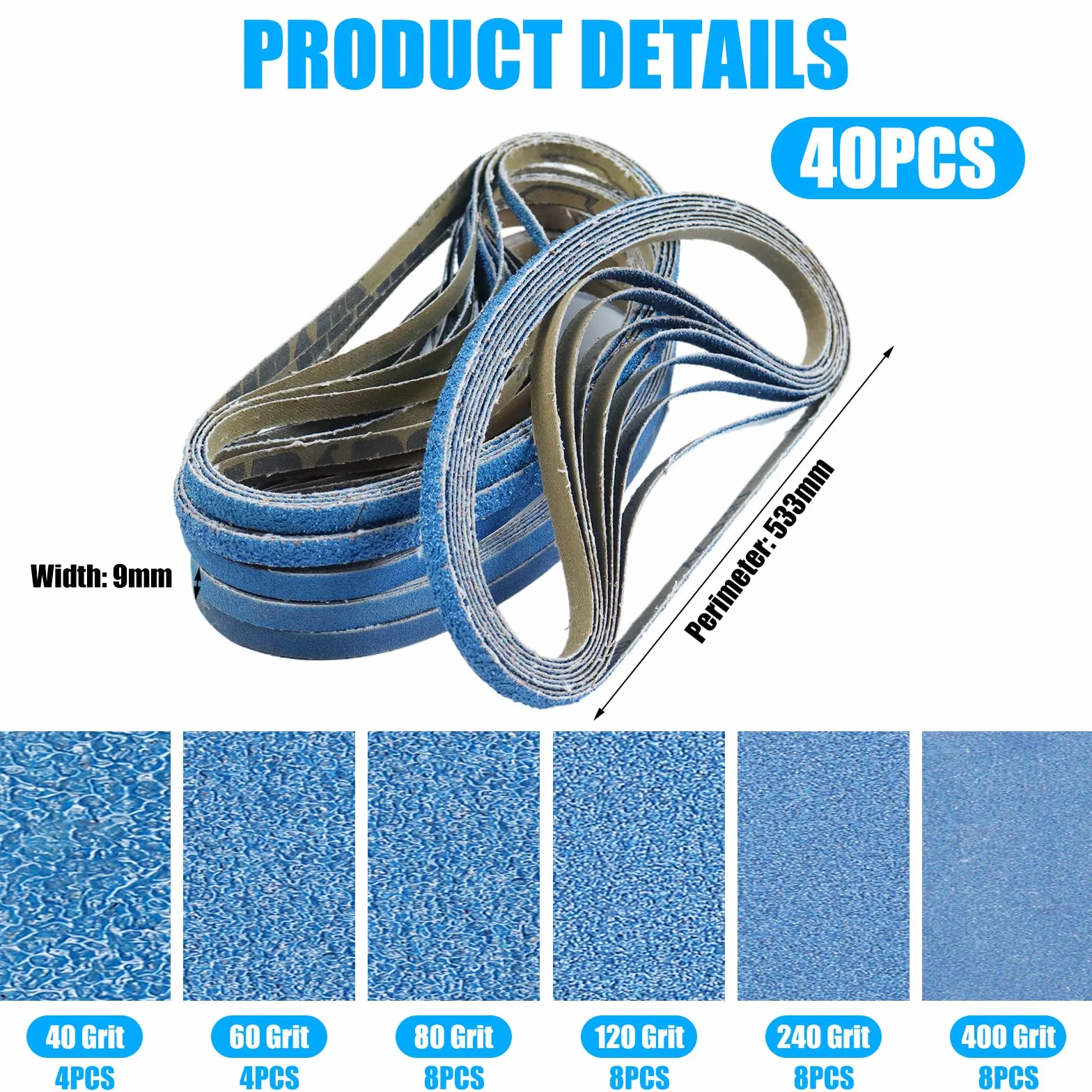 Taśma szlifierska 9 x 533 mm, 40 sztuk taśm szlifierskich o ziarnistości 40/60/80/120/240/400, zestaw wymiennych taśm szlifierskich do szlifierek palców, polerowania, metalu, drewna