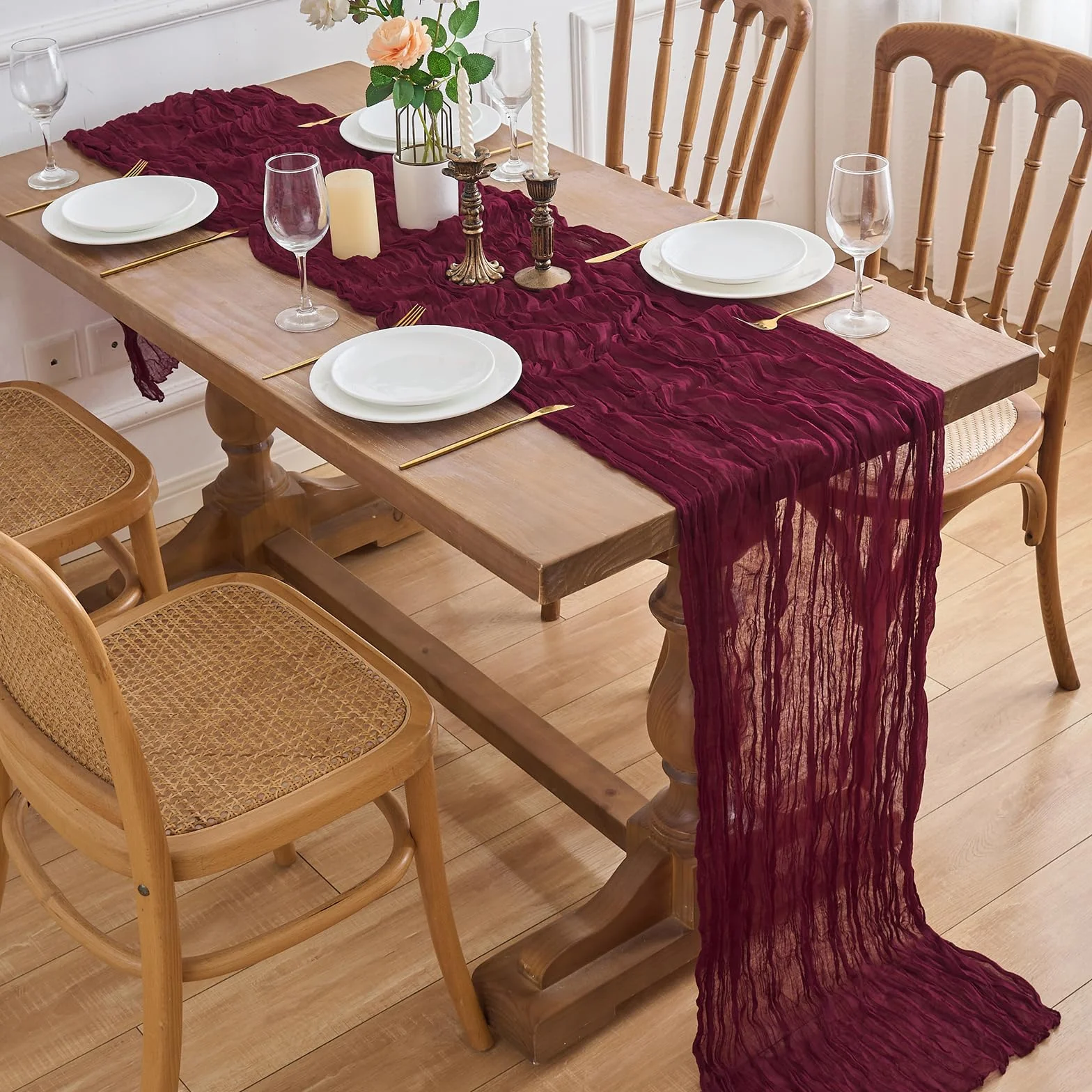 2 bieżniki na stół, obrus, obrusy w stylu boho, rustykalny obrus na wesele, dekoracja stołu, 90 x 300 cm (czerwone wino, 90 x 300 cm, 2 sztuki)