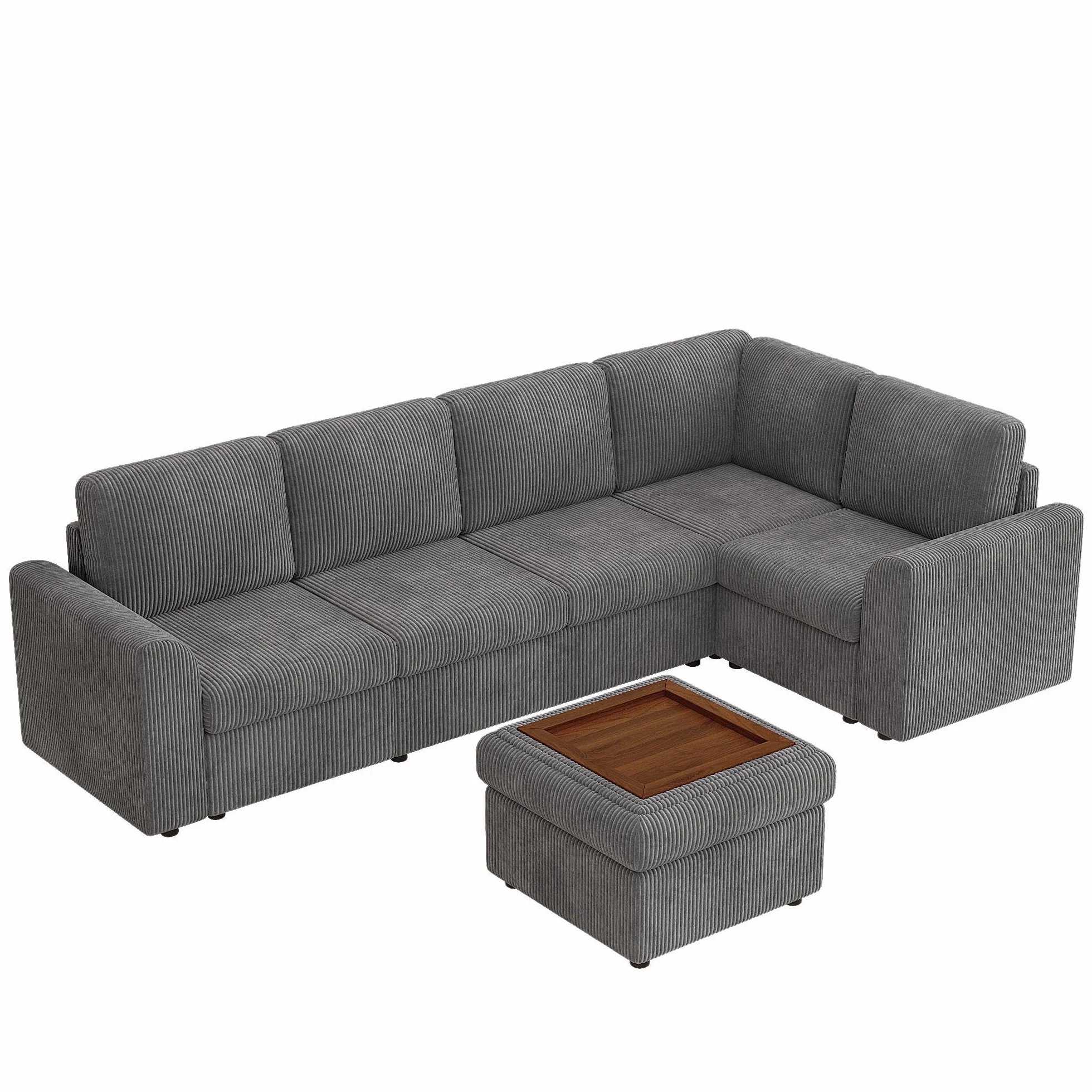 Nowoczesna sofa narożna w kształcie litery L z podłokietnikami, 1 wielofunkcyjny taboret, pianka o wysokiej gęstości, łatwy montaż, szara