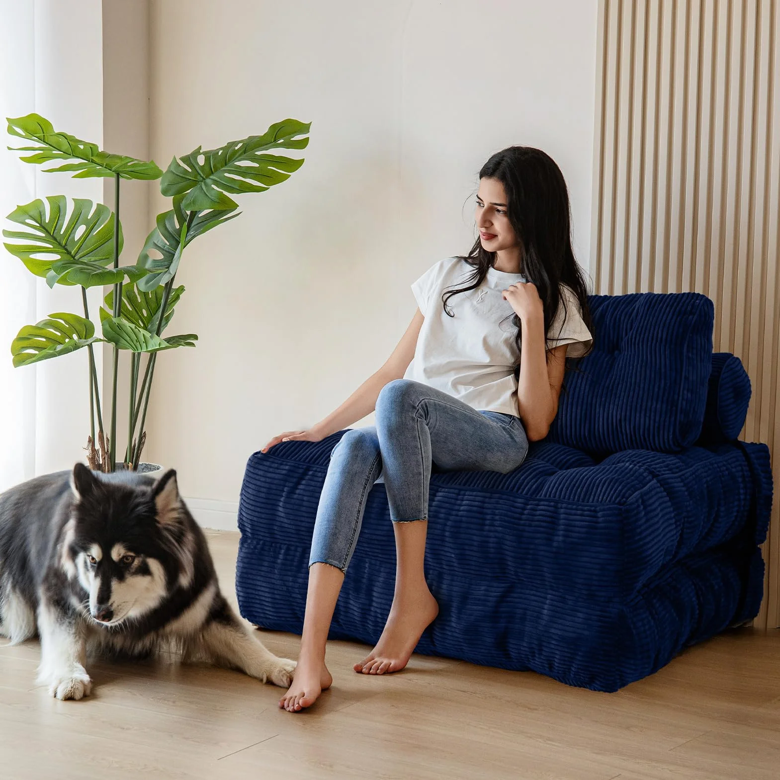 MAXYOYO Składana sofa do spania, przekształcany fotel do spania z poduszką, materac z podparciem oparcia, przenośne krzesło-łóżko, wygodna sofa podłogowa-lounge do salonu, sypialni, kolor granatowy
