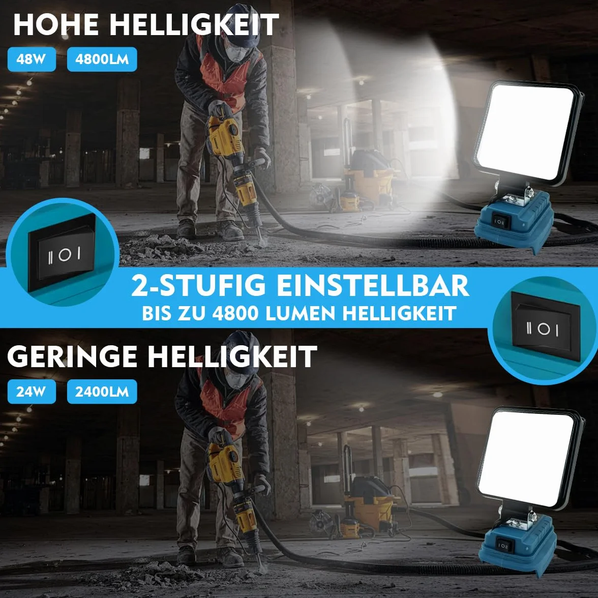 Lampa akumulatorowa do akumulatora Makita 18 V, 48 W, 4800 lm, lampa robocza LED, reflektor przenośny reflektor na plac budowy, z 2 USB, na kemping, naprawy samochodu, zamiennik do Makita DML816 (bez
