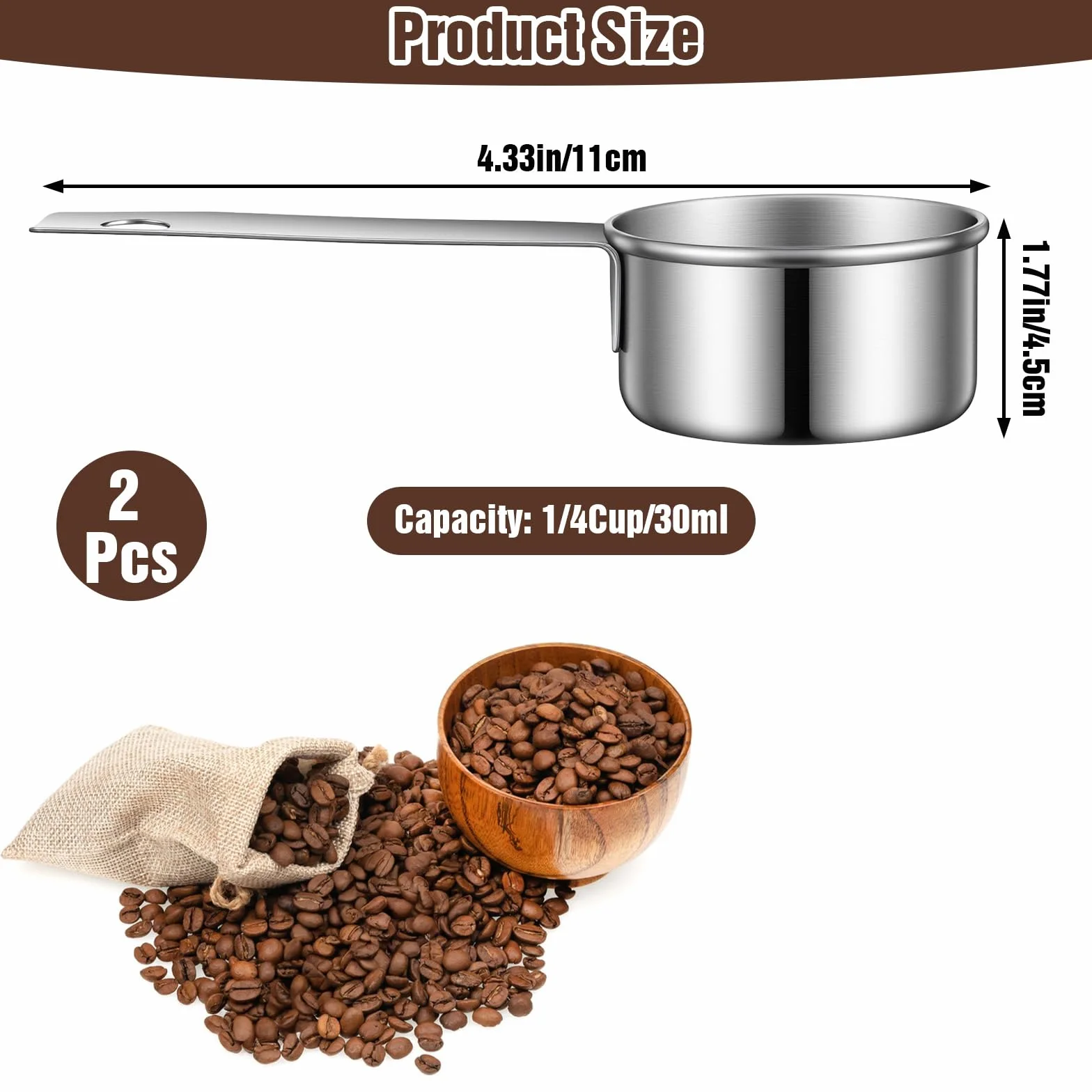 Tyqour 2 szt. 1/8 miarki 1/8 filiżanki (30 ml, 28 g) miarka 1/8 łyżeczki miarki ze stali nierdzewnej miarka do kawy trwałe metalowe kubki pomiarowe