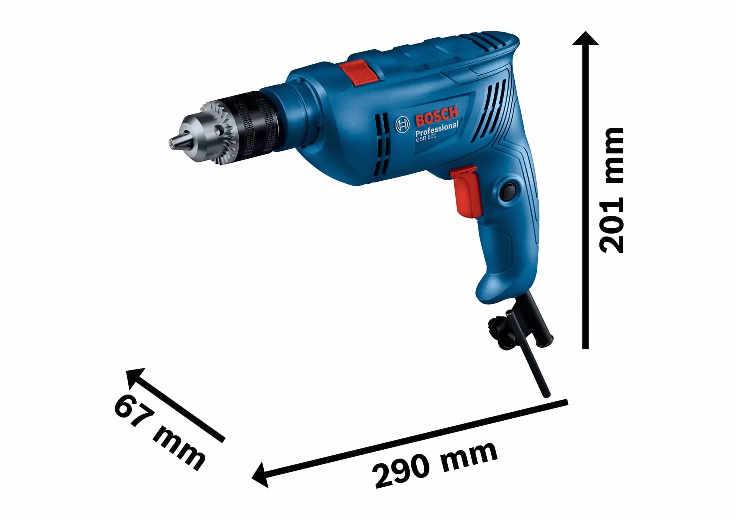Bosch Professional: wiertarka udarowa GSB 600 (silnik 600 W, rękojeść dodatkowa, 100-częściowy zestaw osprzętu, walizka)