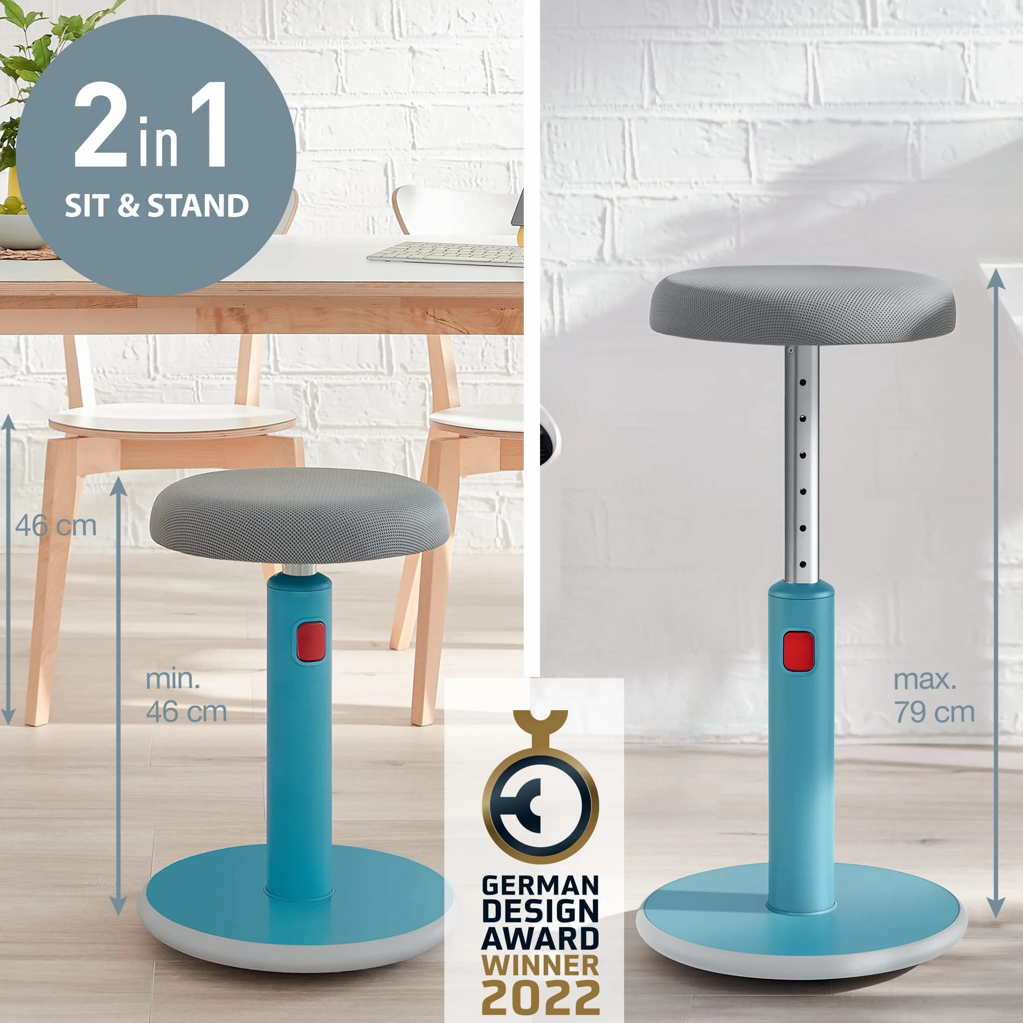 Leitz, Stołek do Aktywnego Siedzenia i Stania Leitz Ergo Cosy, do Biura, Regulacja Wysokości 46–79 cm, Kolor Morski Niebieski (65180061)