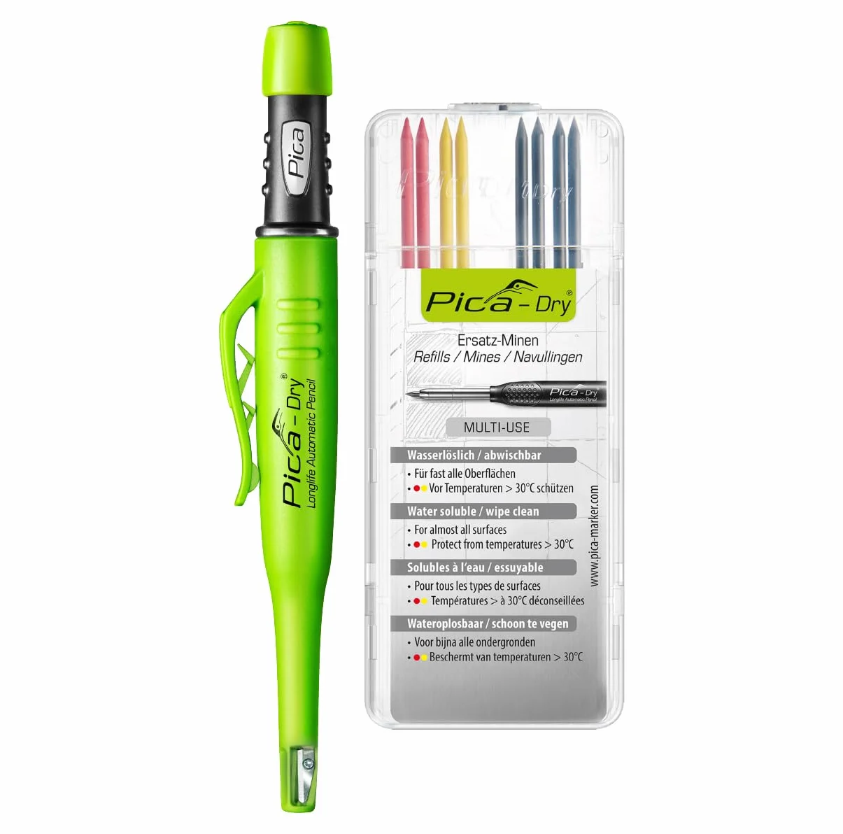 Pica-Dry 30402 Bundle I Zestaw zawierający 3030 Dry Automatic Longlife – marker do głębokich otworów I wraz ze specjalnym zestawem wkładów 4020 I 4x grafit 2B, 2x czerwony, 2x żółty