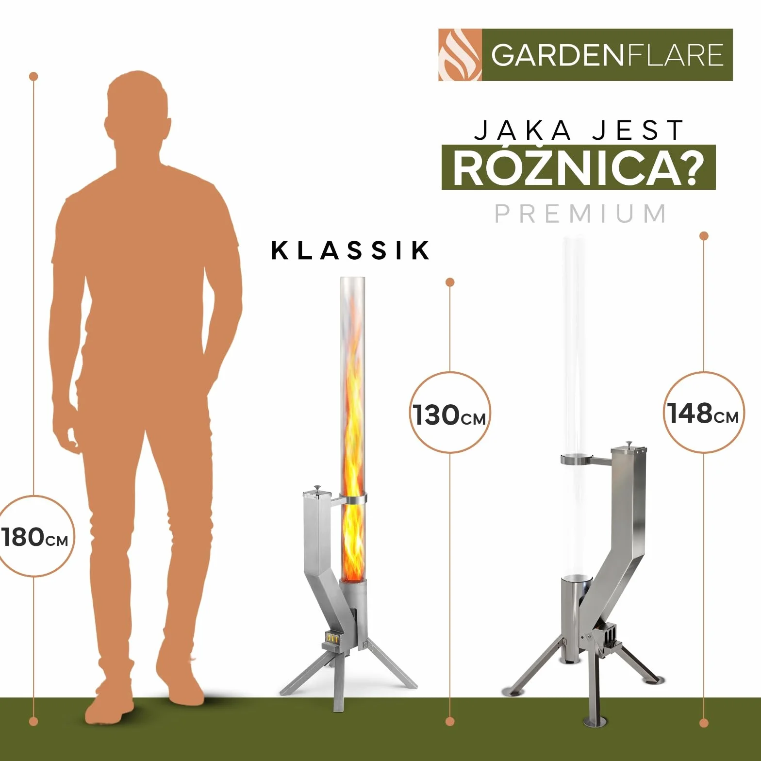 GARDENFLARE Elegancka kolumna ogniowa ze stali nierdzewnej, pelletowa pochodnia do ogrodu i na taras – Alternatywa dla kominka ogrodowego i ogrzewacza tarasowego (srebrny)