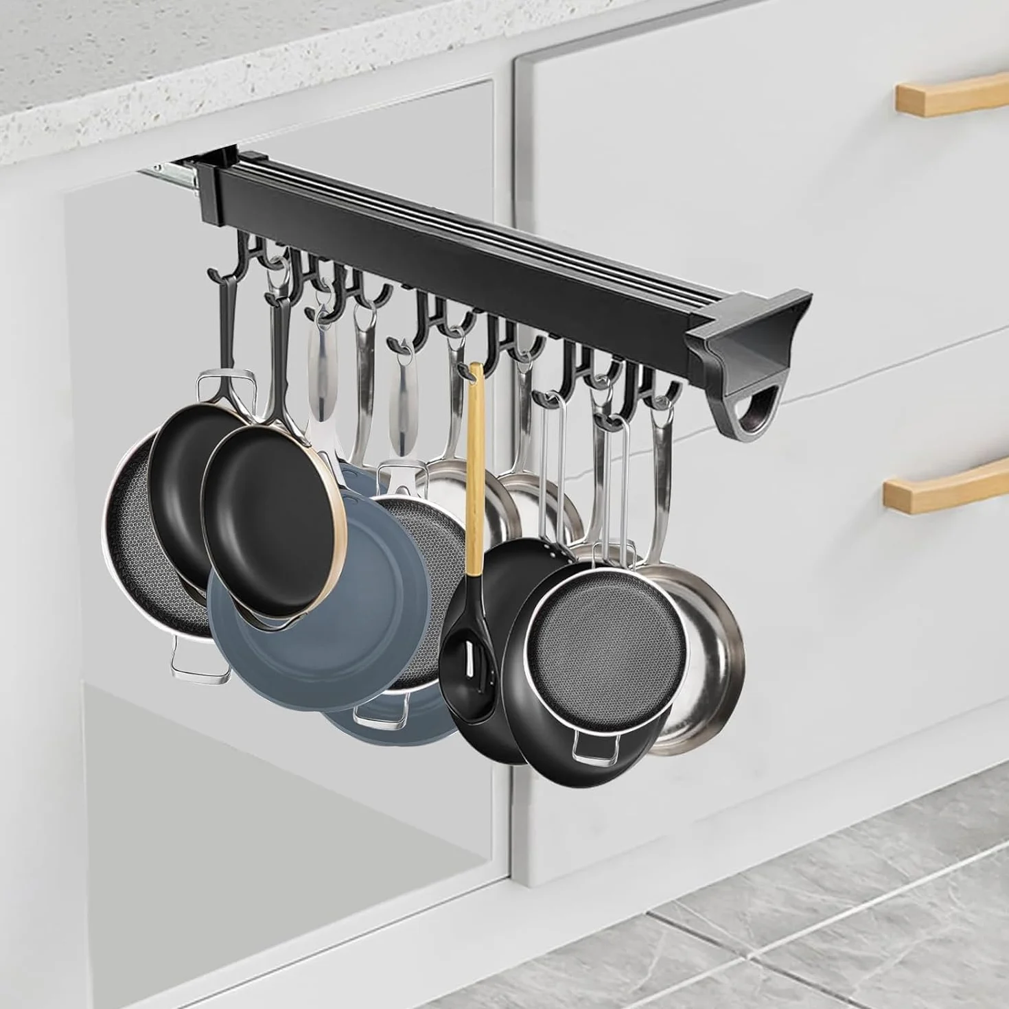 Pull Out Mop Broom Holder with Heavy Duty Hooks Pans Pots Racks for Cabinets Pull Out, Multifunctional Slide Broom and Mop Organizer