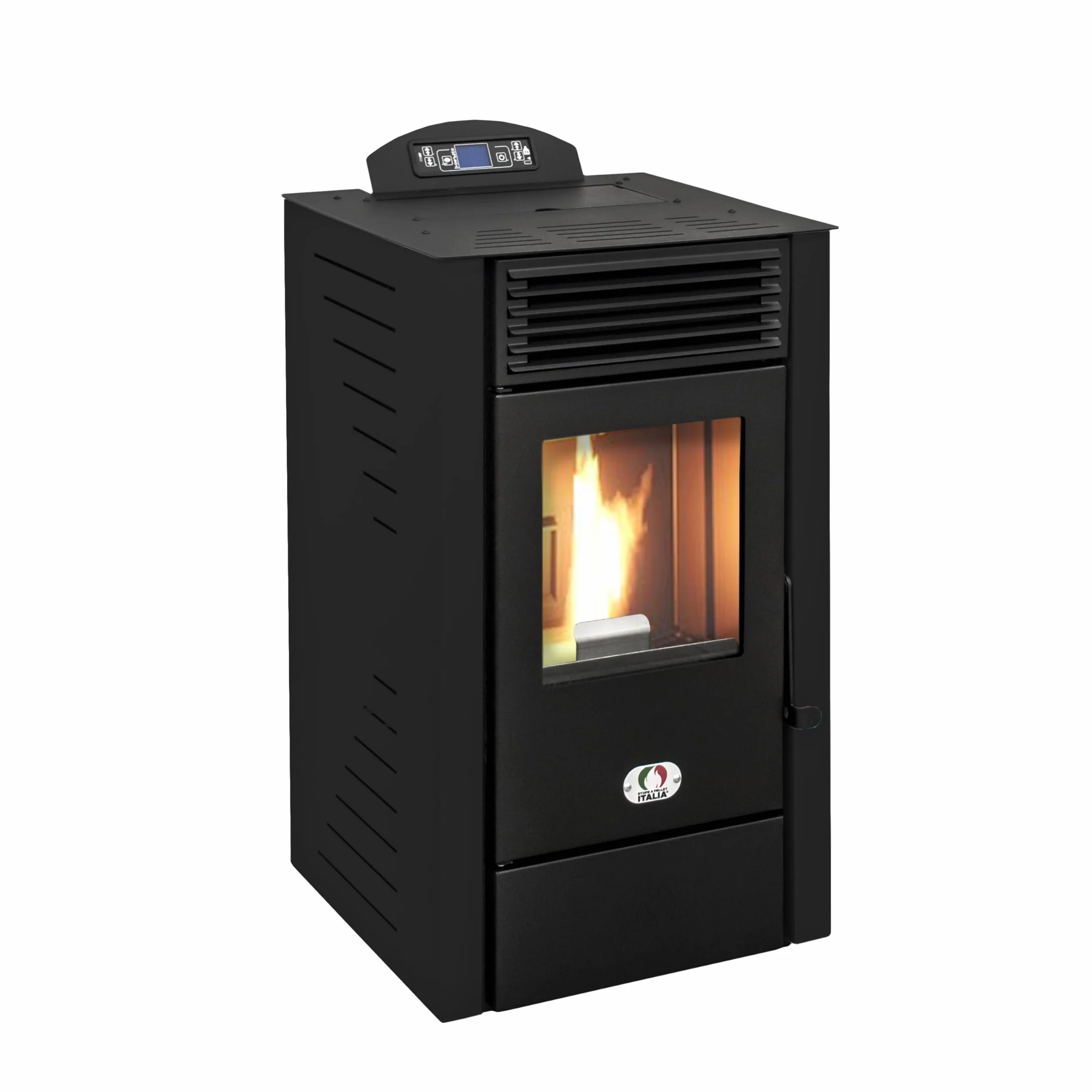 STUFE A PELLET ITALIA - California 8Kw - Piec wentylacyjny, Wydajność 91%, Ogrzewanie 70m², Autonomia 20H, 5 prędkości i mocy, Programowalny, 24 Miesięcy Gwarancja, CZARNY