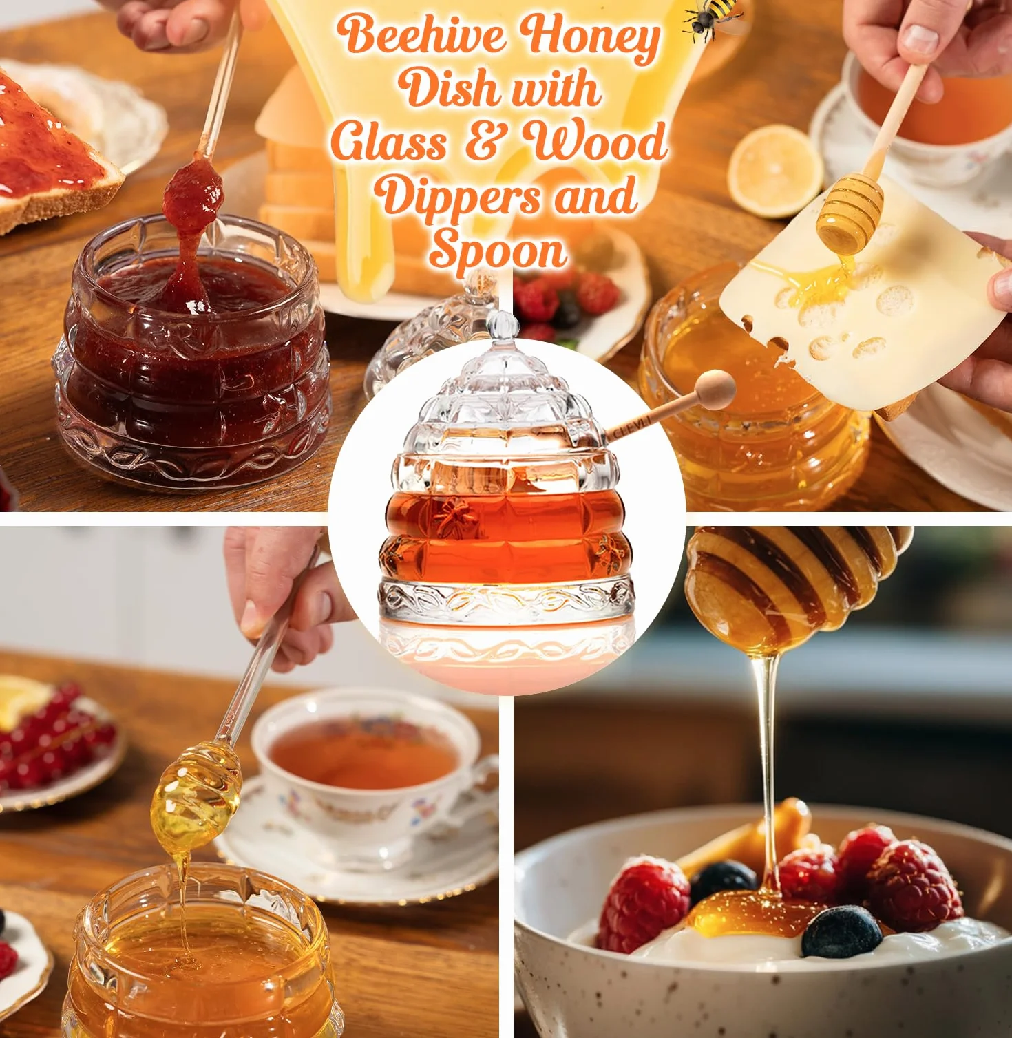 Elegancki szklany słoik na miód "Crystal" z 2 szklankami + 1 drewnianą łyżką i 1 przezroczystą łyżką, wzór ula, pojemnik 295 ml, idealny do cukru, marmolady i dżemu, trwały i stylowy wielofunkcyjny