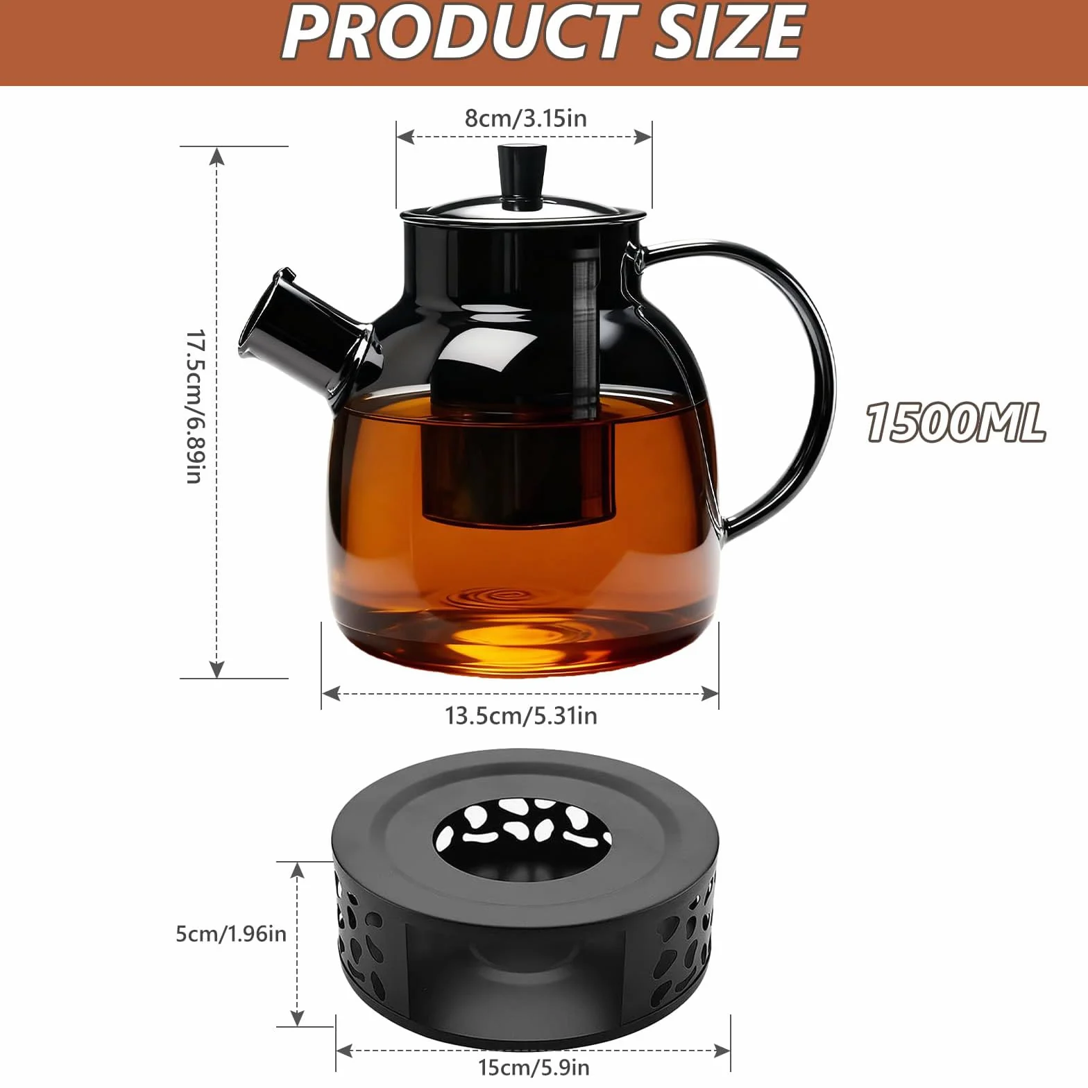 Dzbanek do Herbaty 1500 ml z Podgrzewaczem, Dzbanek do Herbaty z Zaparzaczem i Pokrywką, Szklany Zaparzacz do Herbaty z Wyjmowanym Zaparzaczem do Herbaty sypanej, Herbaty Owocowej, Herbaty Zapachowej