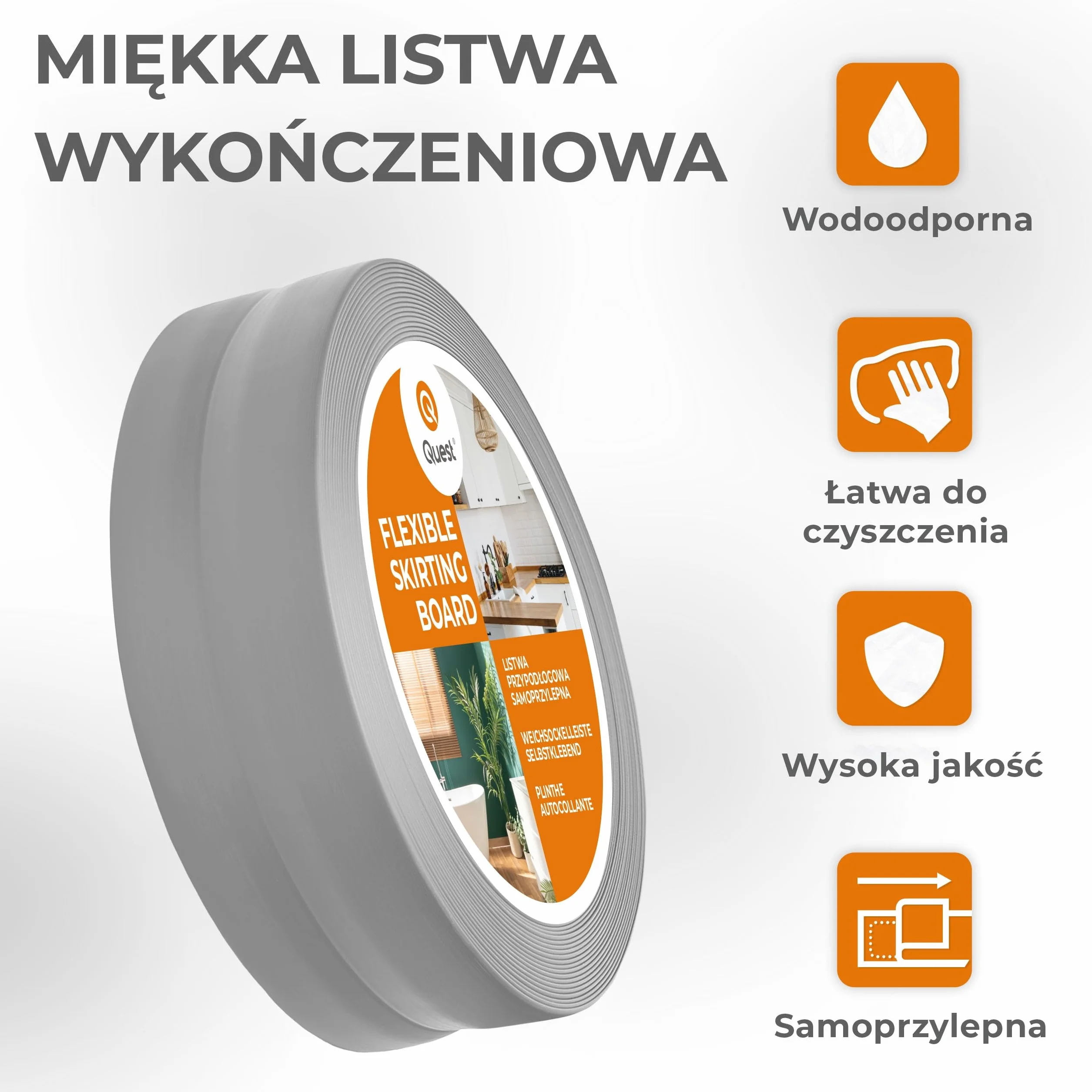 QUEST Listwa wykończeniowa PVC 25x25 mm, samoprzylepna, elastyczna, miękka taśma dekoracyjna, szary, 15 m