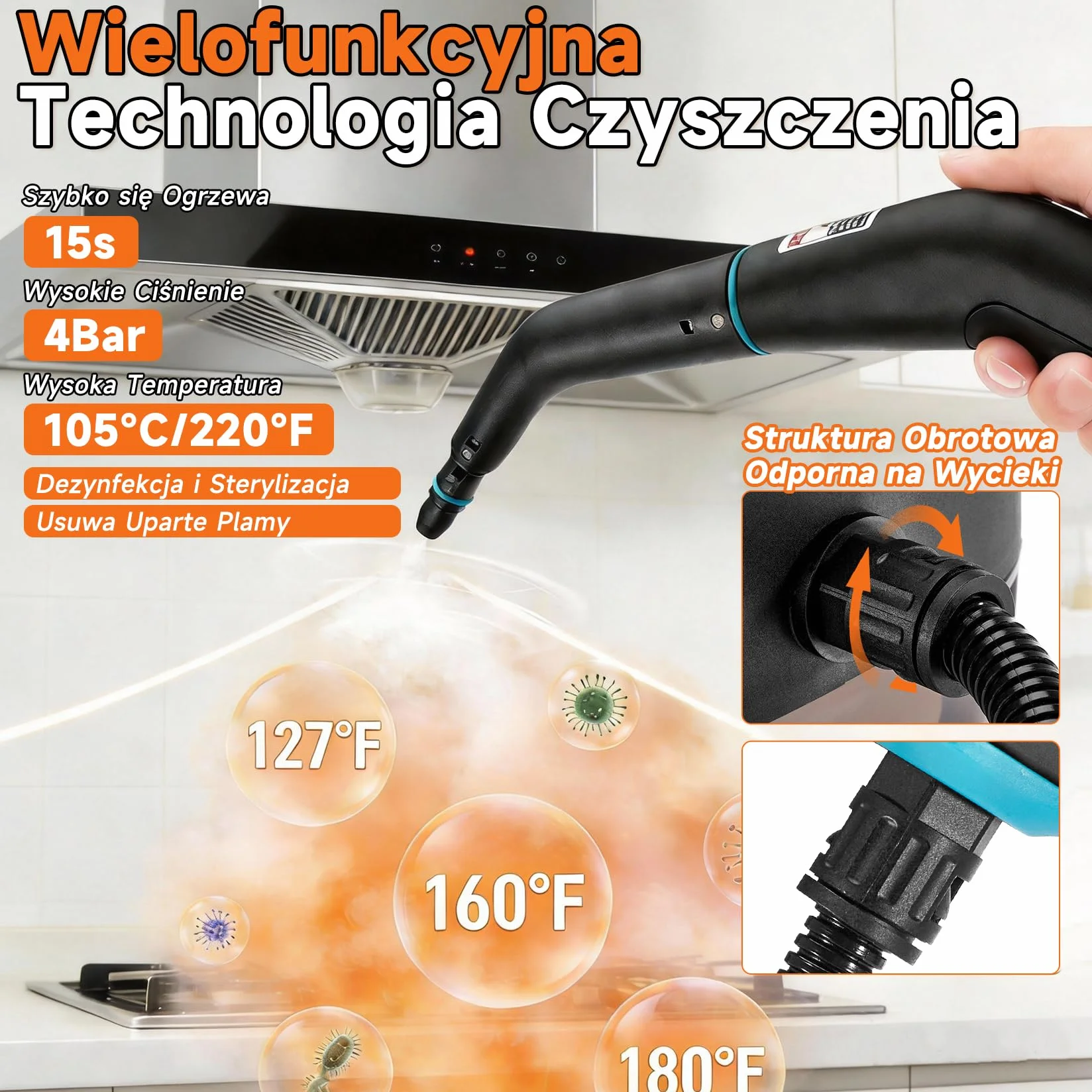 CarBole Myjka Parowa,Parownica do Czyszczenia,Ręczna Myjka Parowa,Rrzenośna,2500W,4 Bar,Zbiornik Wody 1250ml,Czas Ogrzewania 15s,3-stopniowy,Regulowane Sterowanie Parą